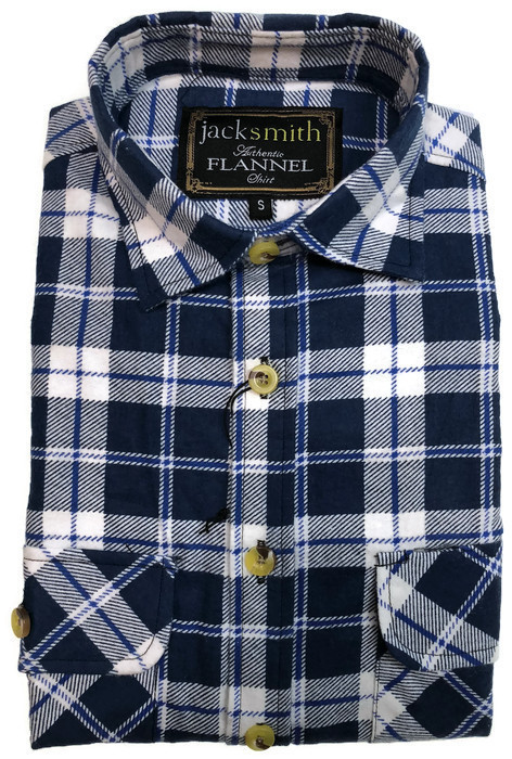 V563-FS-FP18-WHBLUEDENIM45-S-202503051702-00 Mens Flannelette Shirt 100% Cotton Check Authentic Flannel Long Sleeve Vintage - White/Blue Denim - S - Image 1