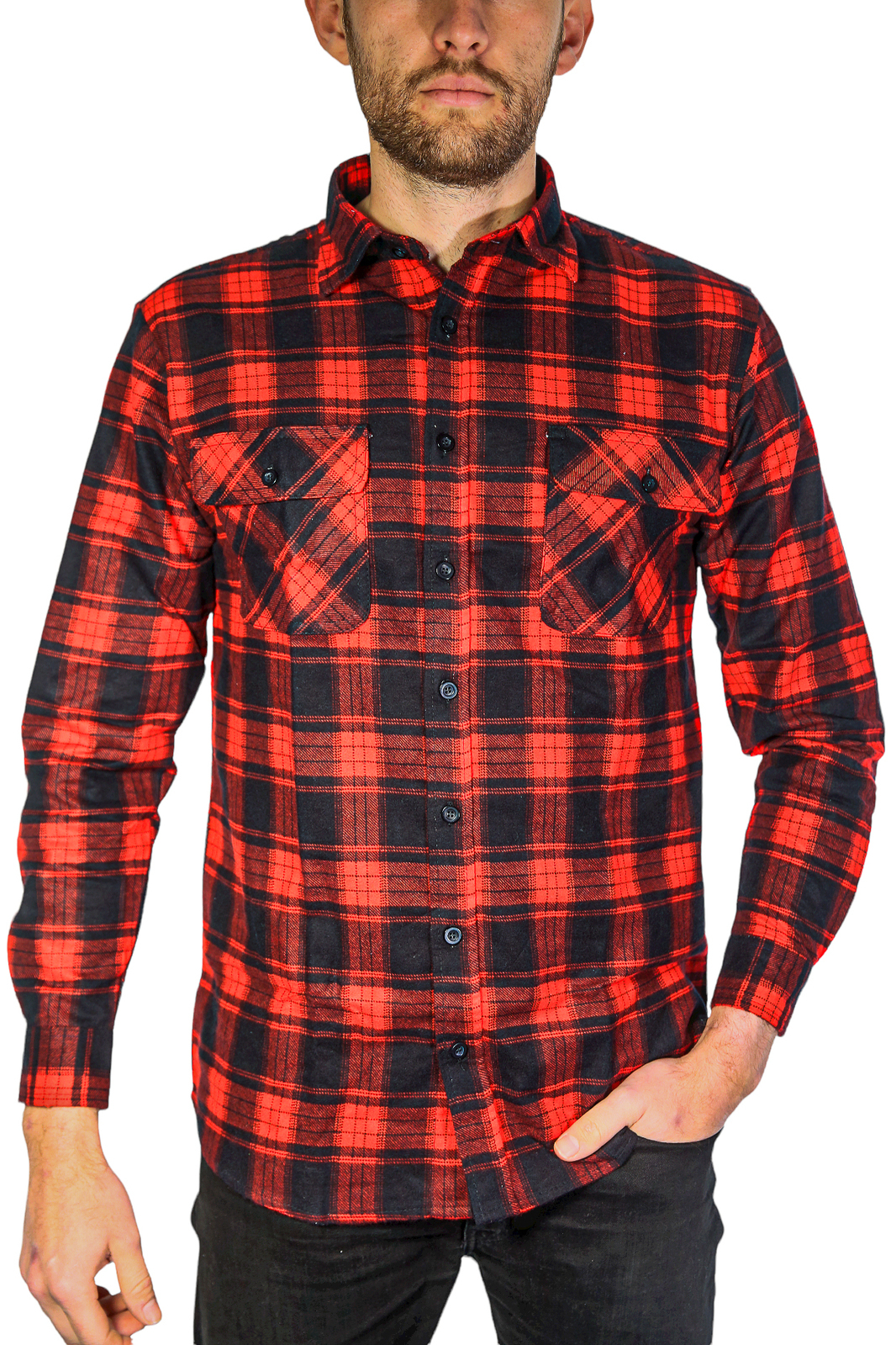V563-FS-FP20-90-S-202503051905-00 Mens Flannelette Long Sleeve Shirt 100% Cotton Check Authentic Flannel - Full Placket - Red - S - Image 1