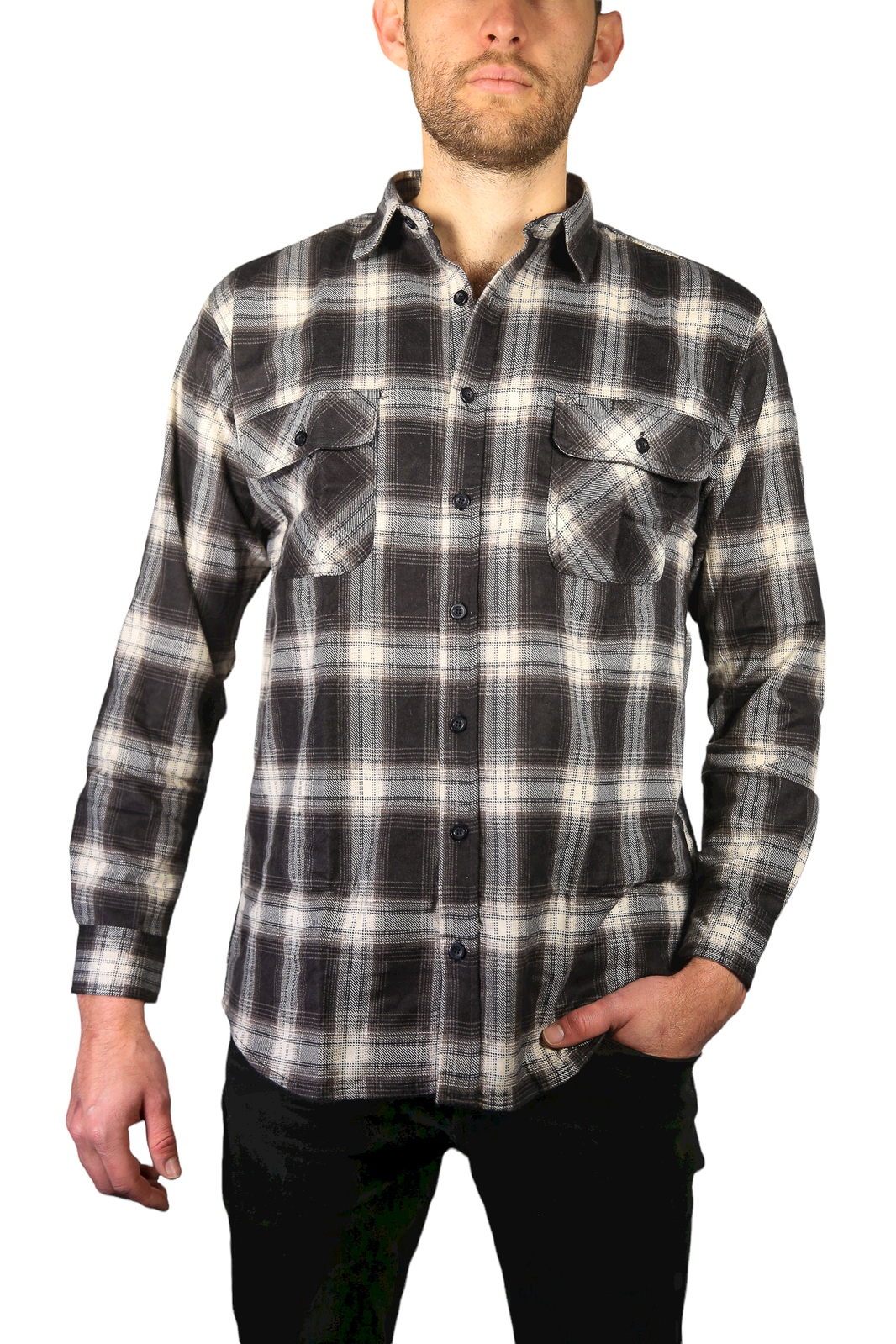 V563-FS-FP20-99-M-202503051905-00 Mens Flannelette Long Sleeve Shirt 100% Cotton Check Authentic Flannel - Full Placket - Black - M - Image 1