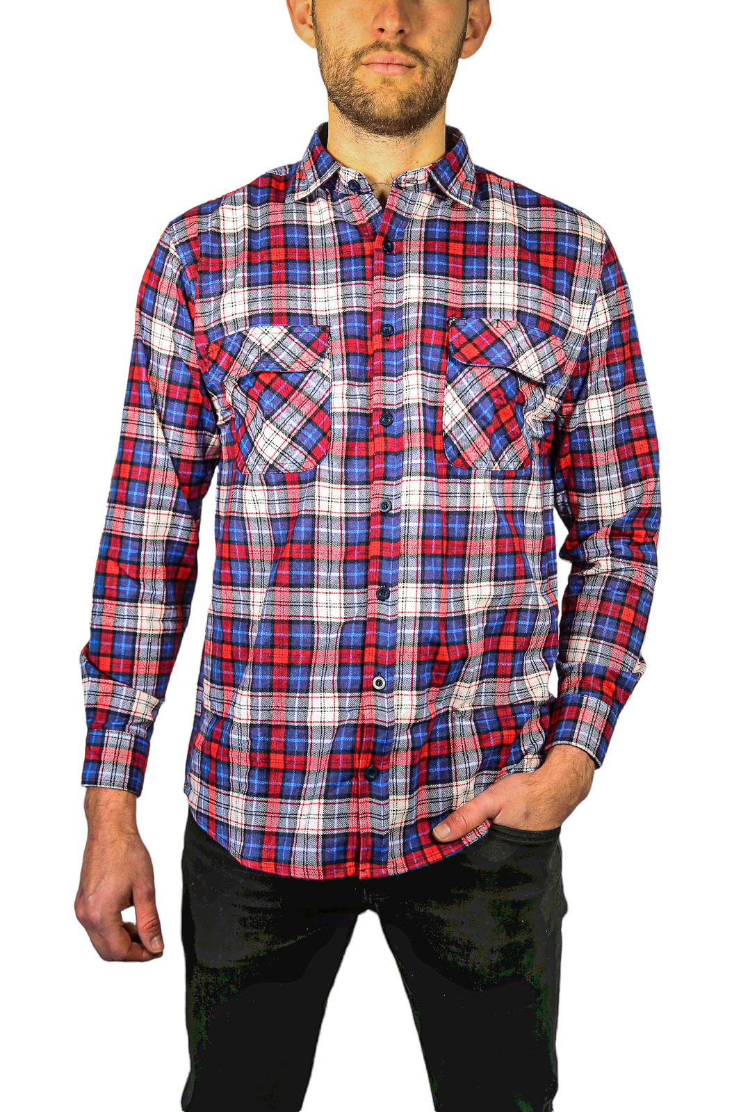 V563-FS-FP21-49-XXL-202502241344-00 Mens Flannelette Long Sleeve Shirt 100% Cotton Check Authentic Flannel - Full Placket - Navy/Red/White - XXL - Image 1