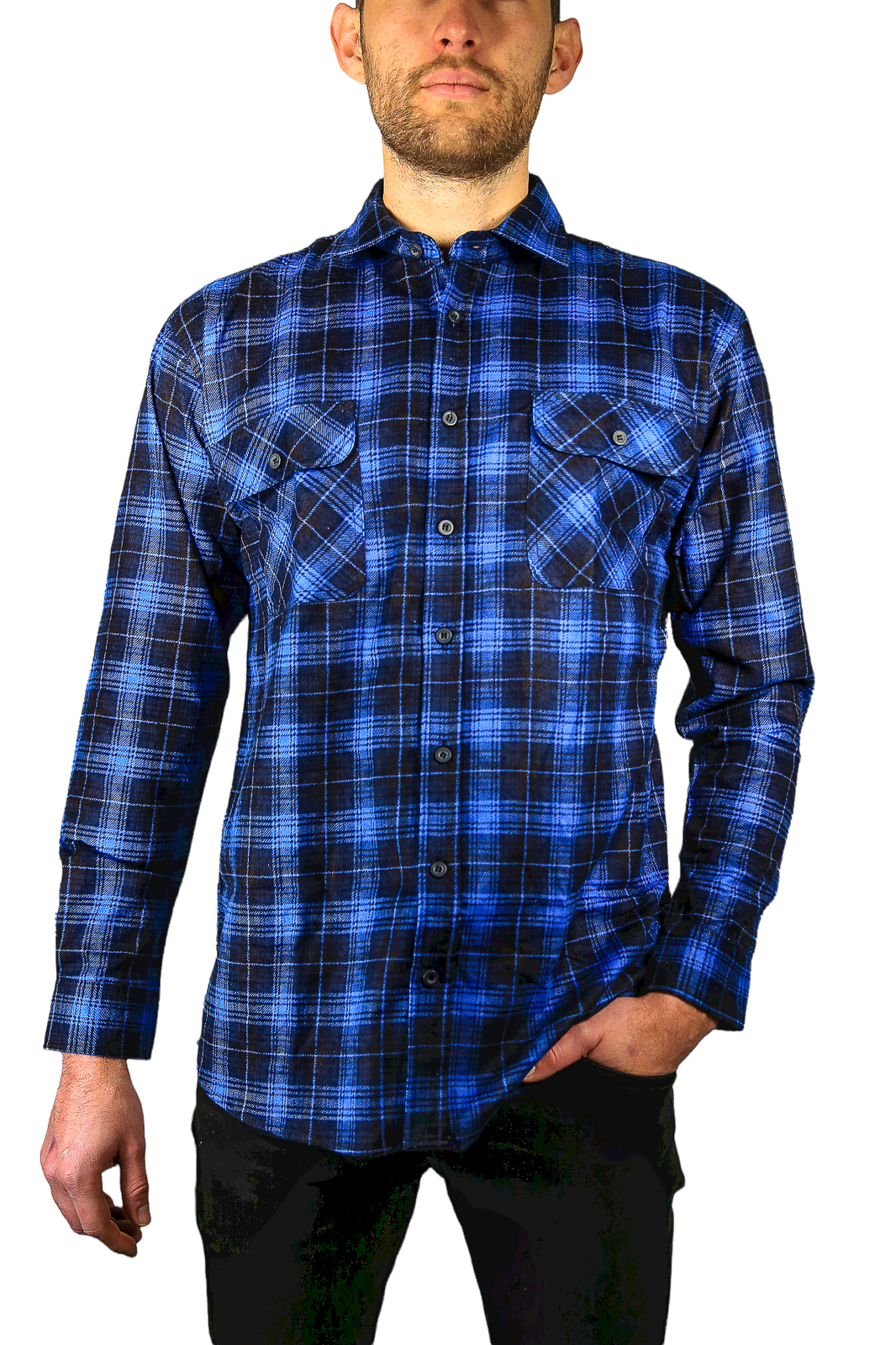 V563-FS-FP22-48-L-202503051620-00 Mens 100% Cotton Flannelette Shirt Long Sleeve Check Authentic Flannel - Blue - L - Image 1