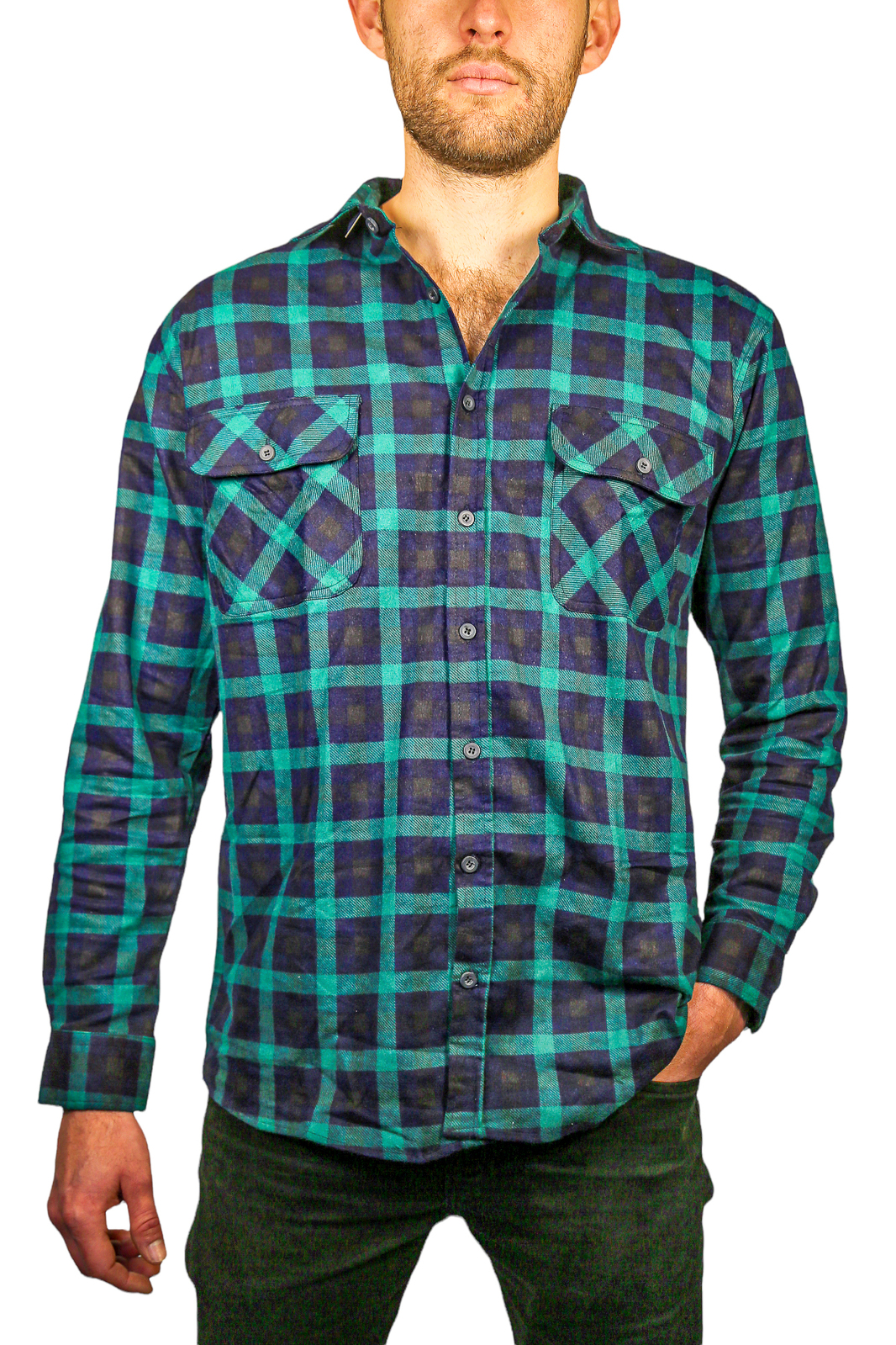 Mens 100% Cotton Flannelette Shirt Long Sleeve Check Authentic Flannel - Green/Navy - 6XL