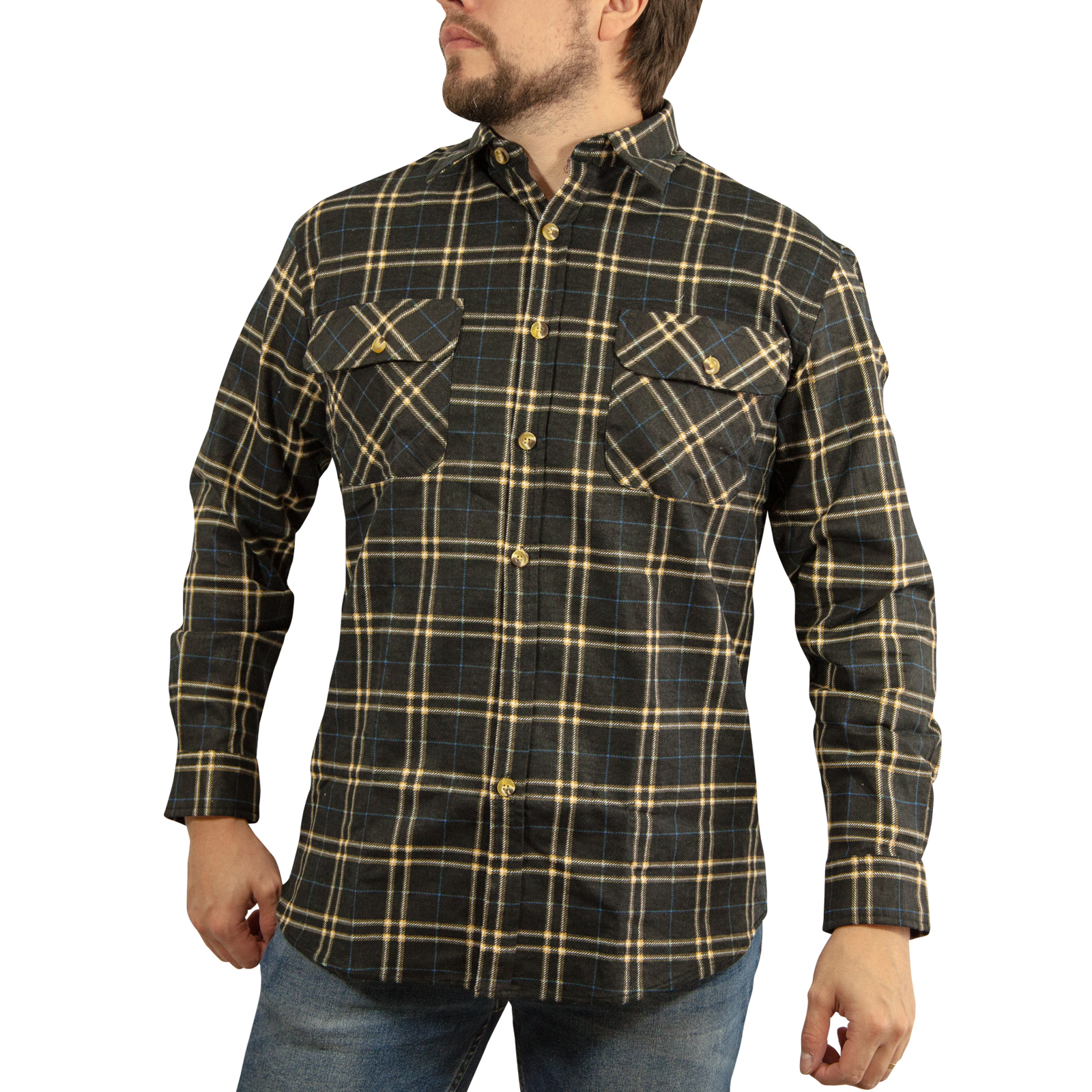 V563-FS-FP99-S-202503051515-00 Mens Long Sleeve Flannelette Shirt 100% Cotton Flannel - Black Check - S - Image 1