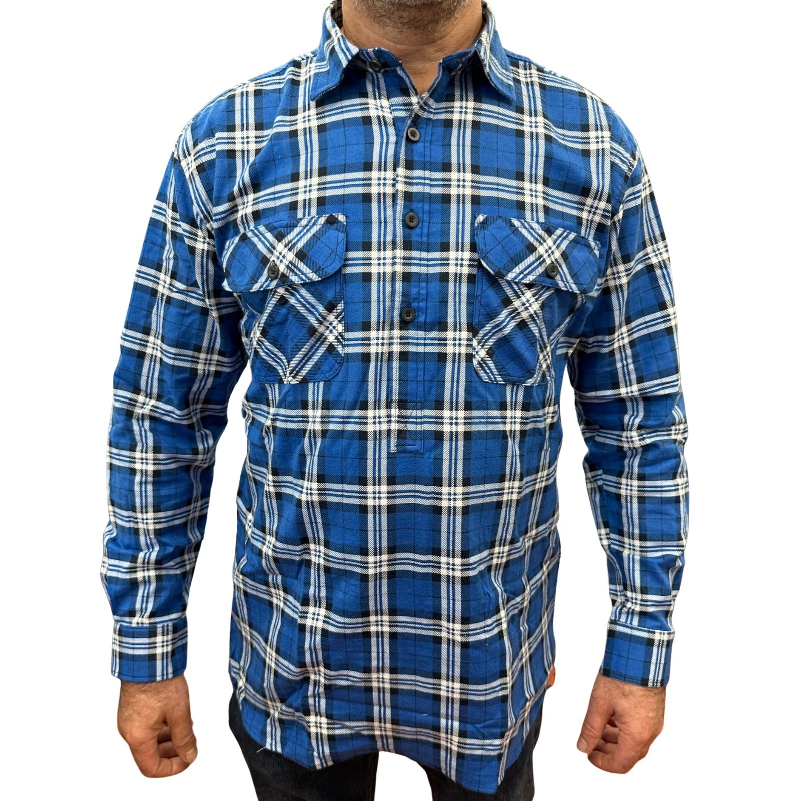 V563-FS-HP22-149-XL-202503051540-00 Mens Flannelette Long Sleeve Pullover Shirt 100% Cotton Flannel - Half Placket - Navy - XL - Image 1