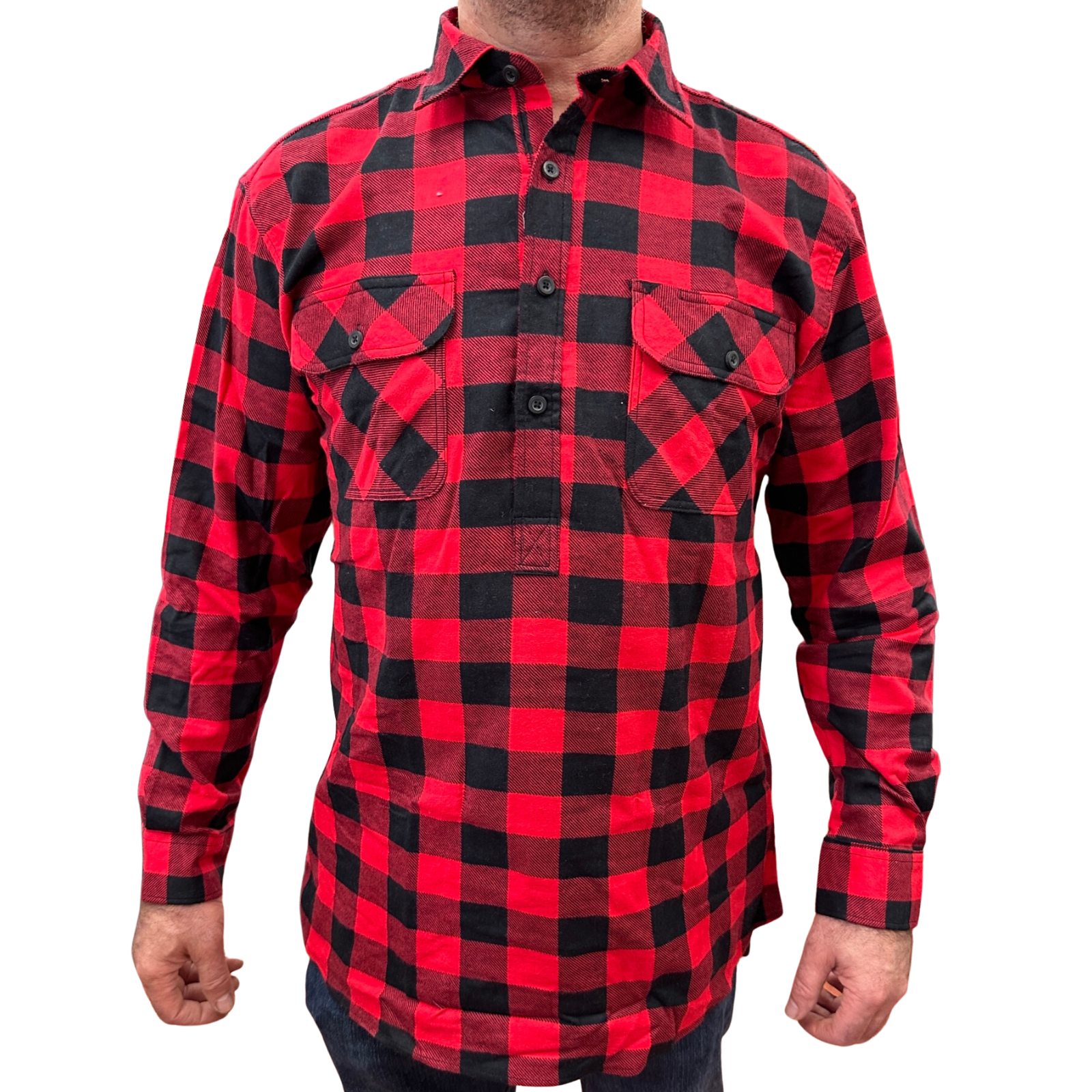 V563-FS-HP22-190-4XL-202503051540-00 Mens Flannelette Long Sleeve Pullover Shirt 100% Cotton Flannel - Half Placket - Red/Black - 4XL - Image 1