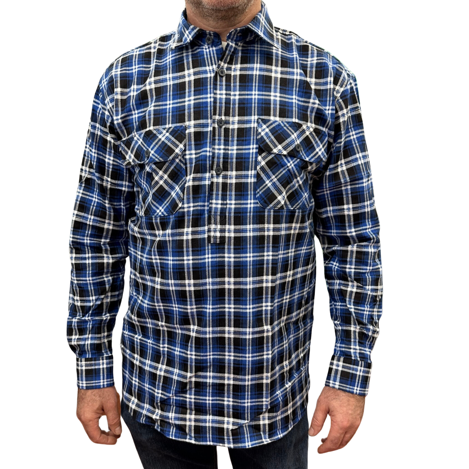 V563-FS-HP22-45-7XL-202503051526-00 Mens Flannelette Long Sleeve Pullover Shirt 100% Cotton Flannel - Half Placket - Blue/Black - 7XL - Image 1