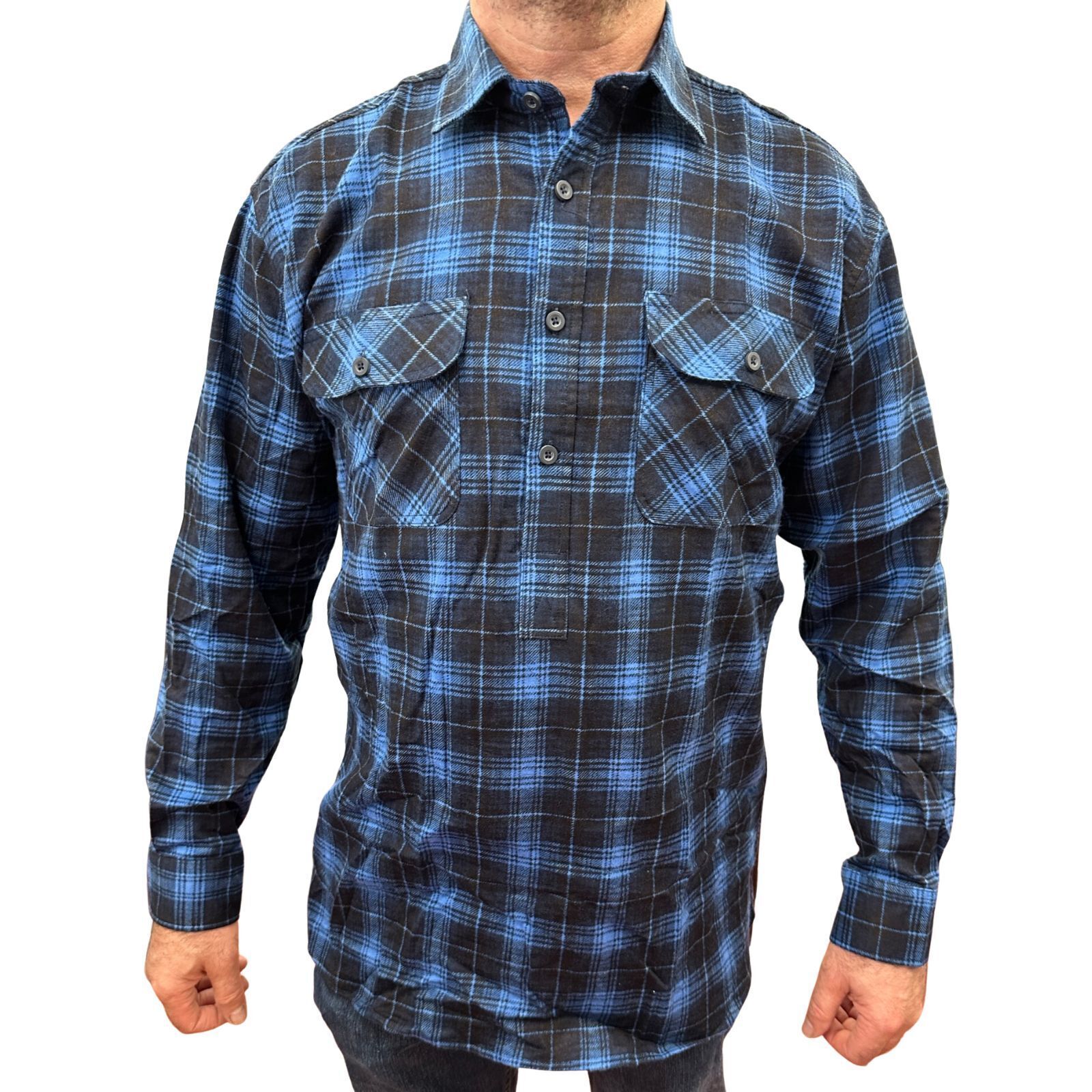 V563-FS-HP22-48-6XL-202503051545-00 Mens Flannelette Long Sleeve Pullover Shirt 100% Cotton Flannel - Half Placket - Blue - 6XL - Image 1