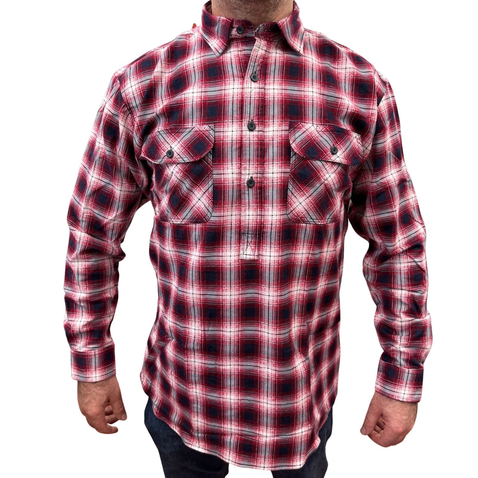 V563-FS-HP22-49-5XL-202503051531-00 Mens Flannelette Long Sleeve Pullover Shirt 100% Cotton Flannel - Half Placket - Red/Black - 5XL - Image 1