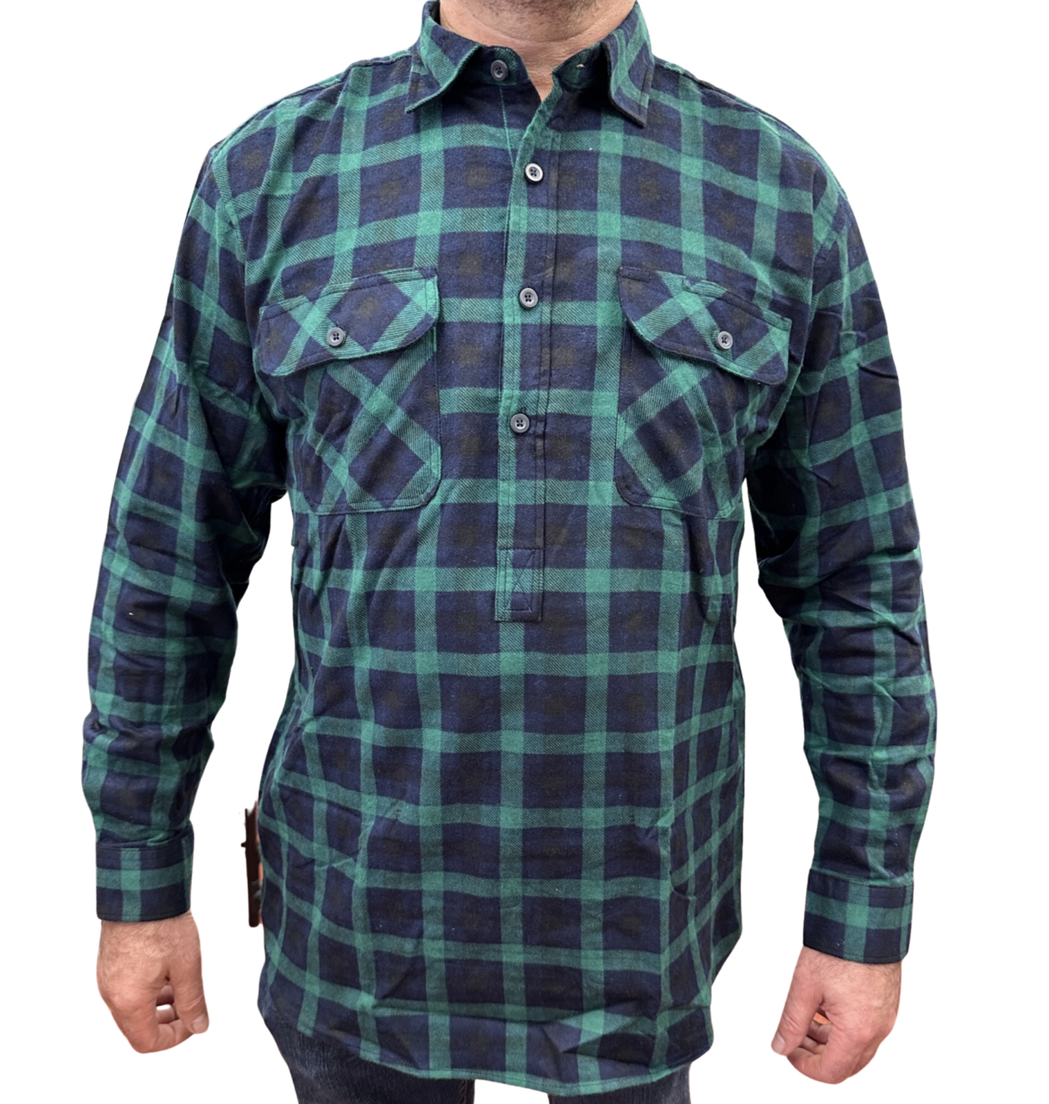 V563-FS-HP22-82-6XL-202503051535-00 Mens Flannelette Long Sleeve Pullover Shirt 100% Cotton Flannel - Half Placket - Green/Navy - 6XL - Image 1