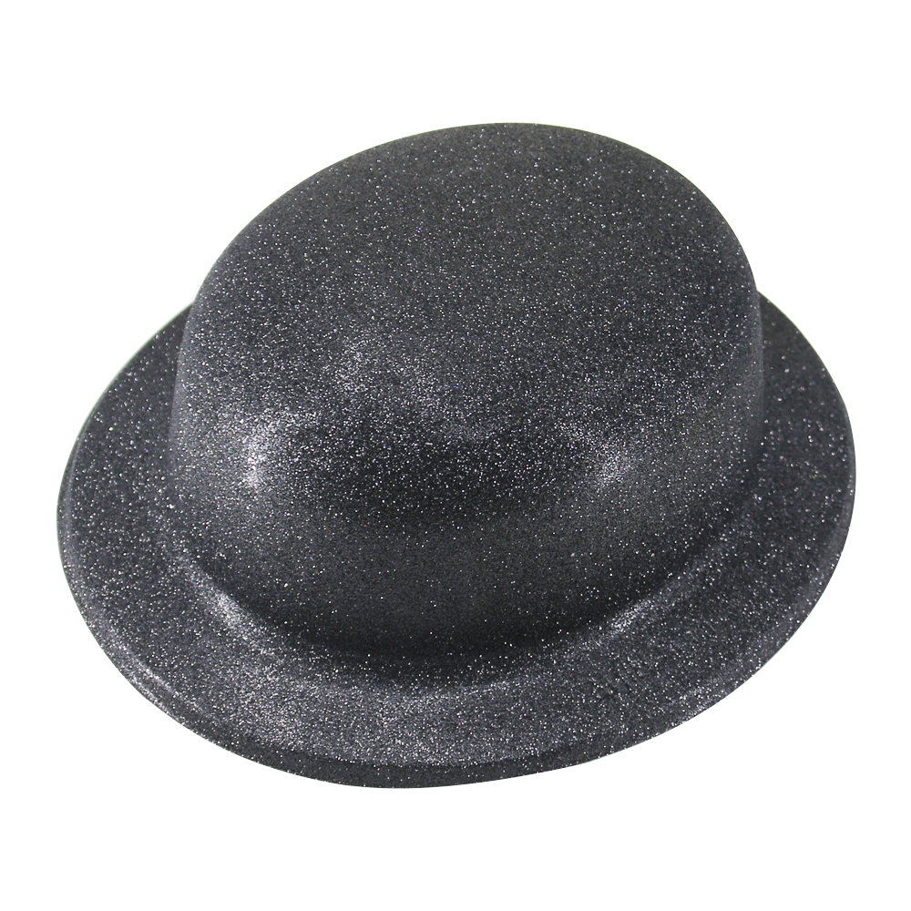 V563-GLTRBWLRHAT-BLK-202503052040-00 GLITTER BOWLER HAT Fancy Party Plastic Costume Cap Fun Dress Up Sparkle - Black - Image 1