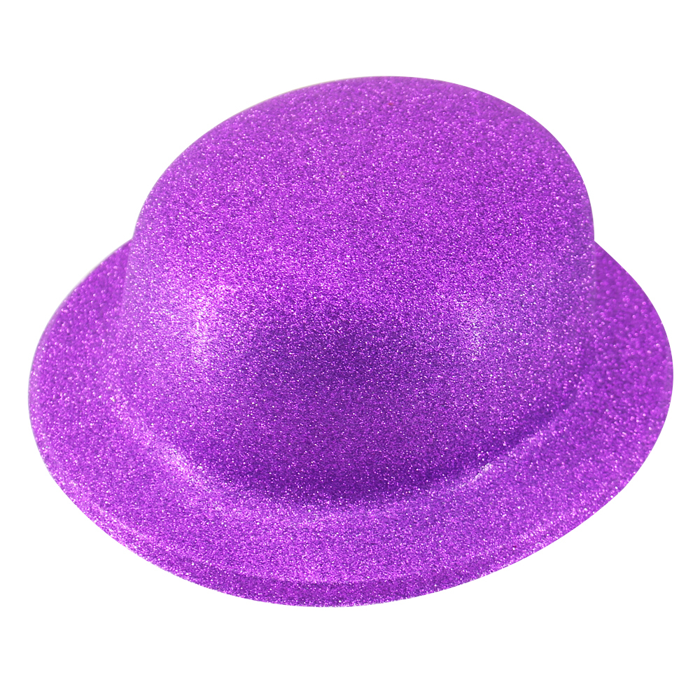 V563-GLTRBWLRHAT-PURPLE-202503052103-00 GLITTER BOWLER HAT Fancy Party Plastic Costume Cap Fun Dress Up Sparkle - Purple - Image 1