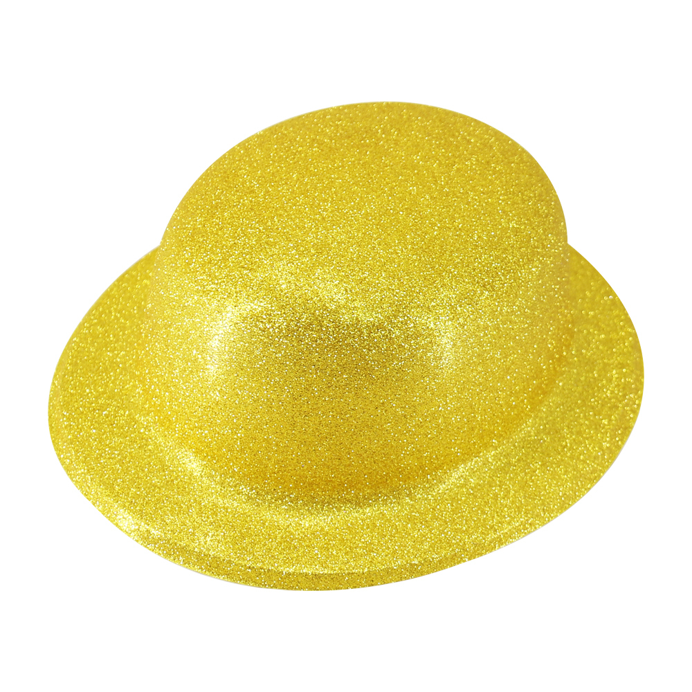 V563-GLTRBWLRHAT-YELLOW-GOLD-202503052115-00 GLITTER BOWLER HAT Fancy Party Plastic Costume Cap Fun Dress Up Sparkle - Yellow/Gold - Image 1