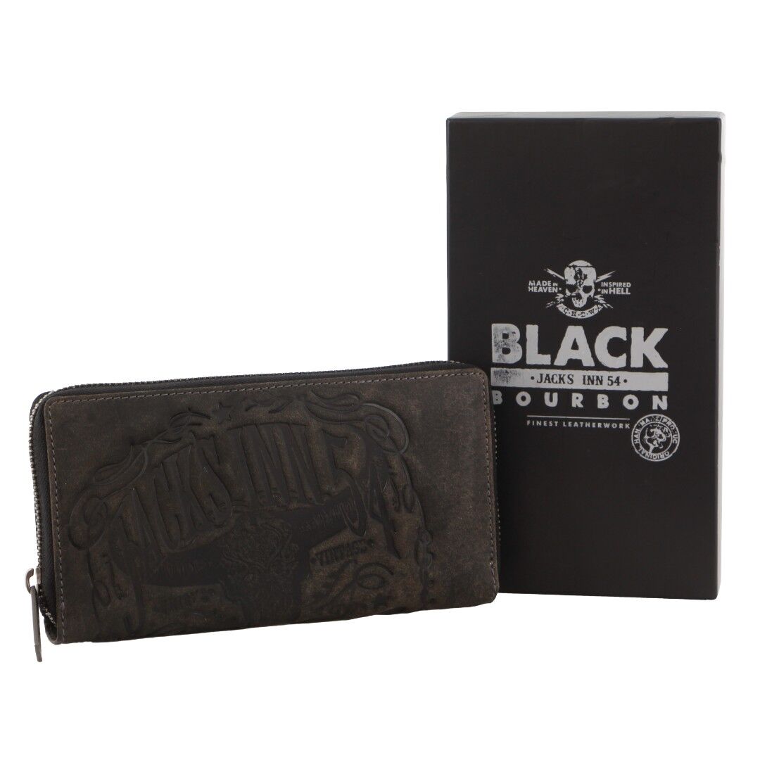 V563-JACK-20-BRN-202503061026-00 Jack's Inn Liquor Ladies Crazy Horse Leather Wallet Black Bourbon Womens Gift Set - Image 1