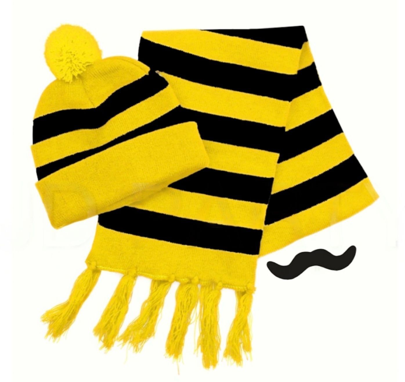 V563-JD-12184-184331-00 Tigers Beanie Hat & Scarf Set Party Costume w Moustache Warm Winter - Black/Yellow Stripe - Image 1