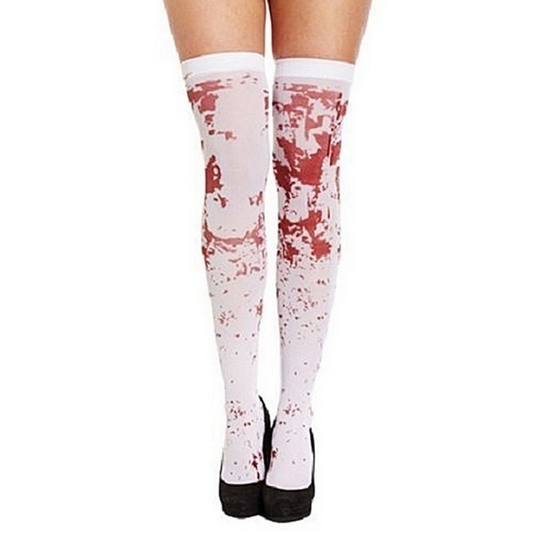 V563-JD-15240-02-184774-00 OVER THE KNEE SOCKS Fake Red Blood Stained Bloody Halloween Costume White Horror - Image 1