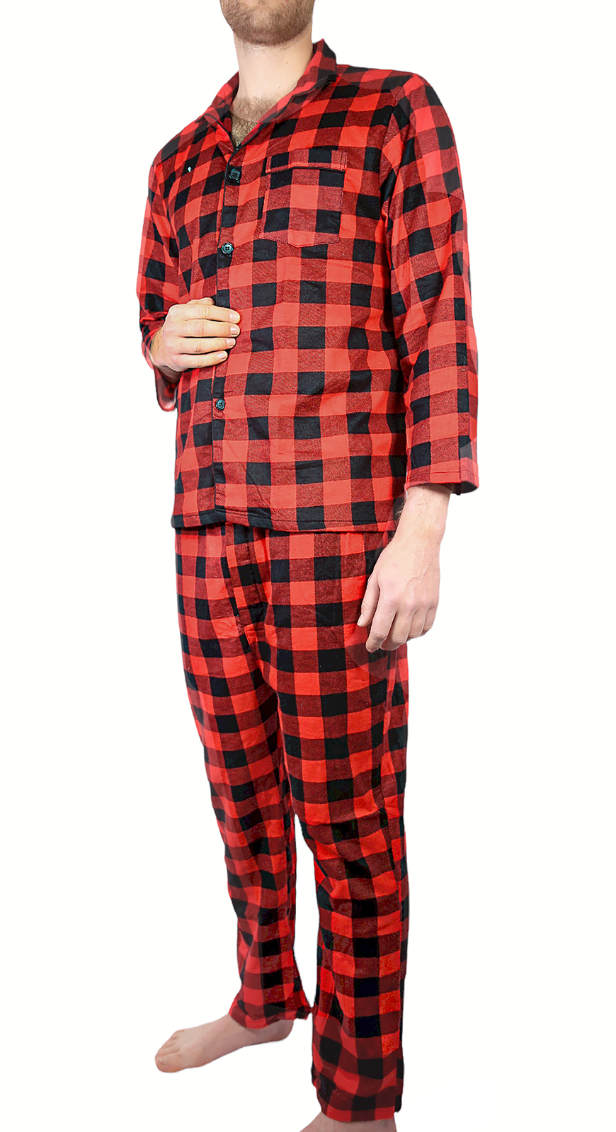 V563-JSPJ3-190-5XL-202503051605-00 Mens Flannelette Pyjama Set Sleepwear Soft 100% Cotton PJs Two Piece Pajamas - Red - 5XL - Image 1