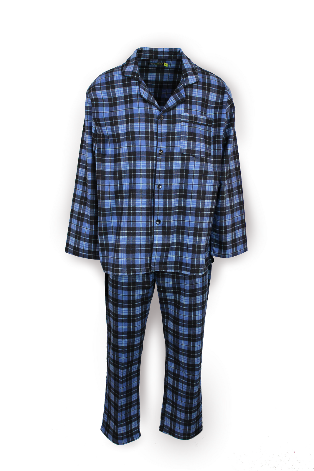 V563-JSPJ4-24-48-S-202502280920-00 Mens Flannelette Pyjama Set Sleepwear Soft 100% Cotton PJs - Blue Check - S - Image 1