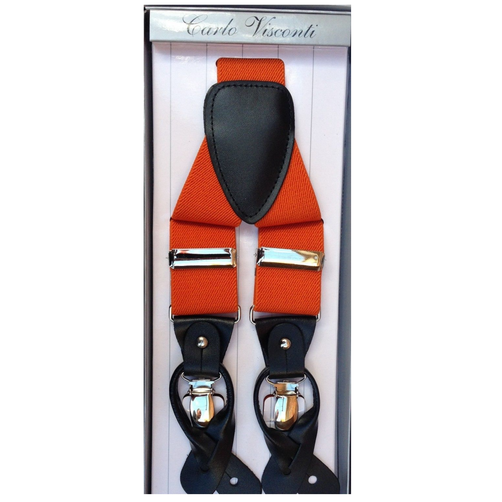 V563-LXRYSUSPENDERS-ORNG-202506020820-00 Mens Premium Convertible Suspenders Braces Clip On Elastic Y-Back Traditional Leather Tab - Orange - Image 1