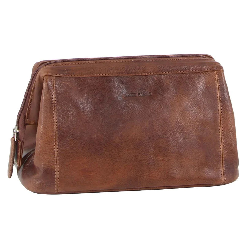 V563-PC-2803-COGNAC-217172-00 Pierre Cardin Mens Rustic Leather Toiletry Case Bag Travel - Cognac - Image 1