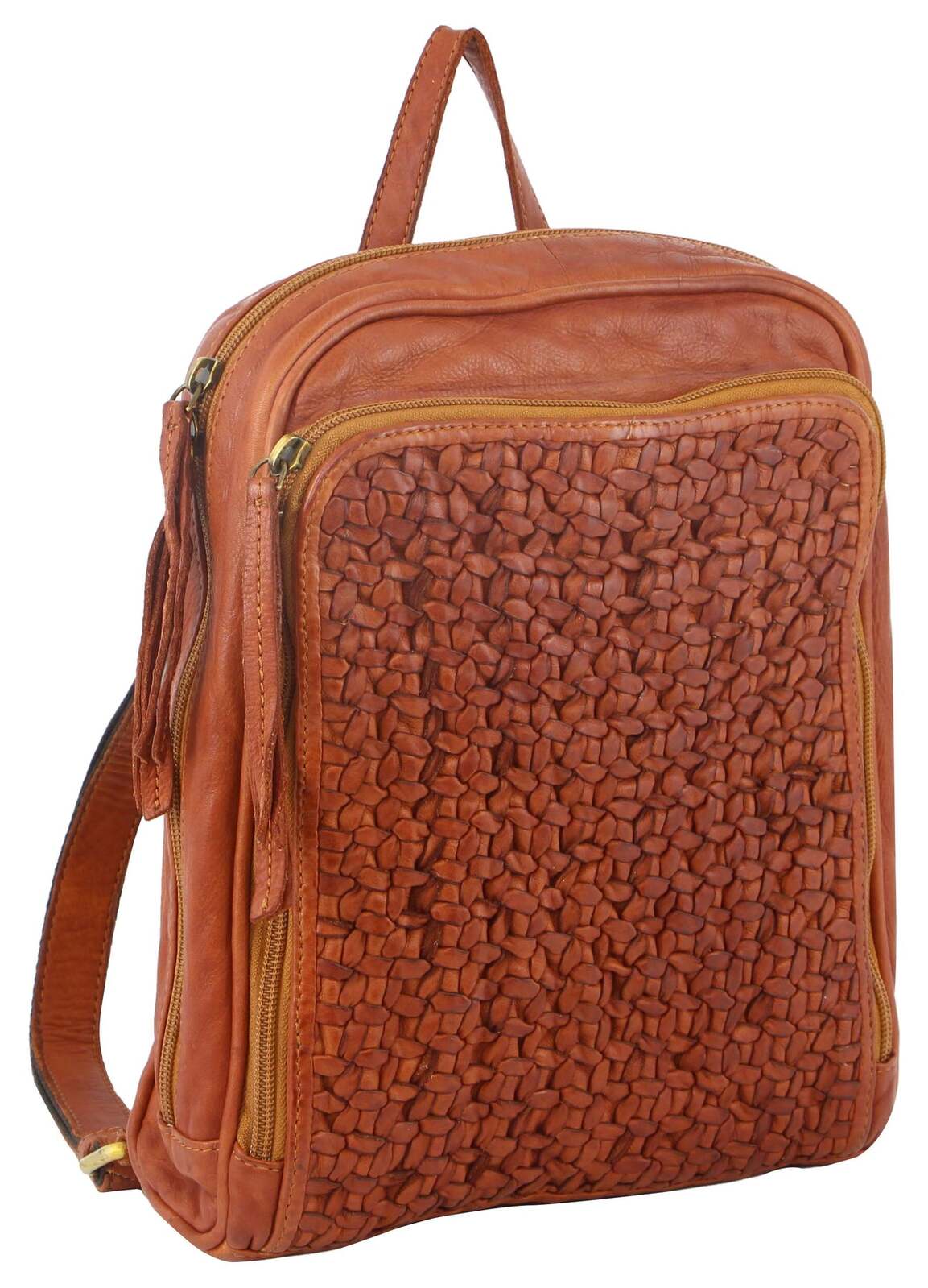 V563-PC-3305-COGNAC-174382-00 Pierre Cardin Woven Leather Ladies Backpack Bag Travel Satchel Zip - Cognac - Image 1