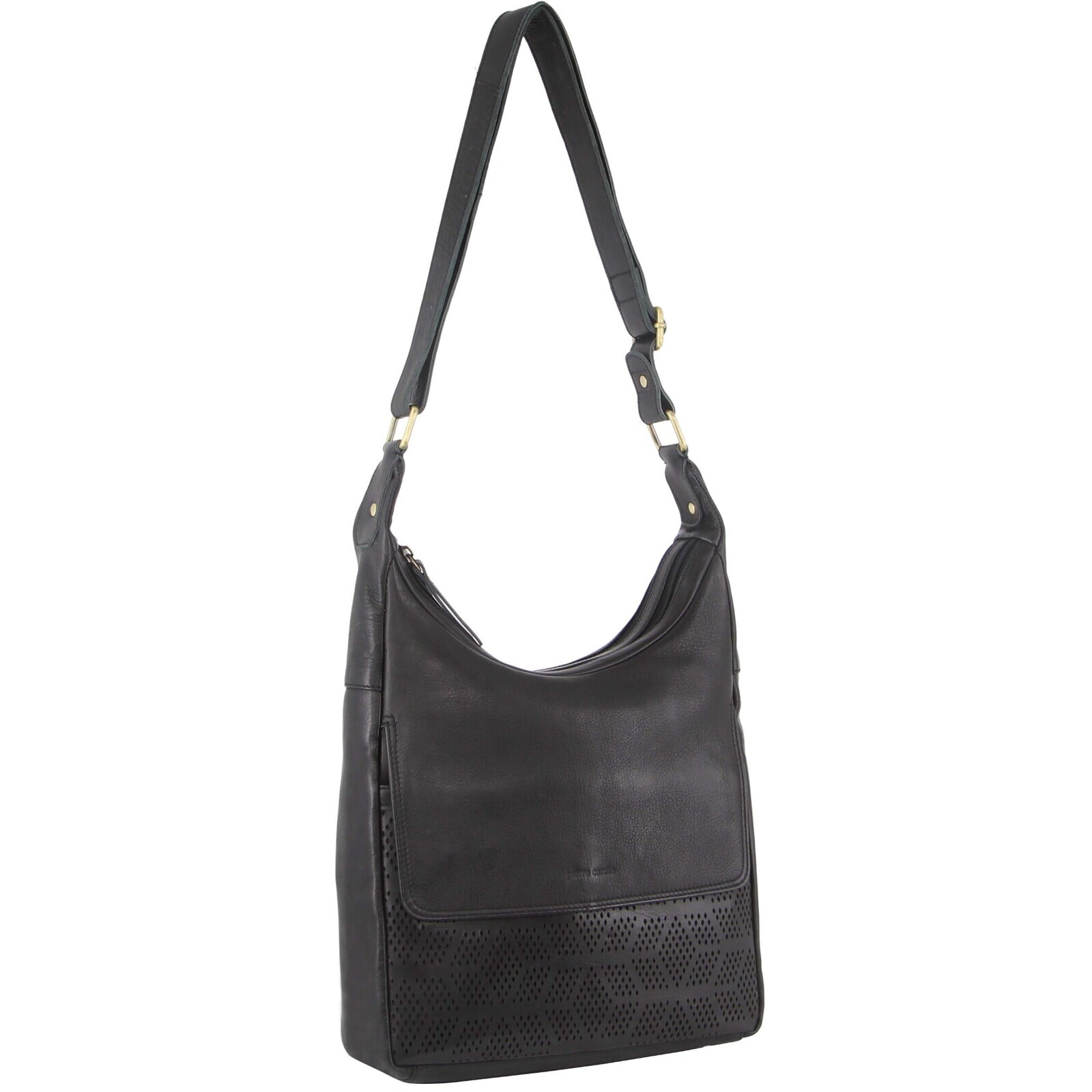 V563-PC-3338-BLACK-174231-00 Pierre Cardin Womens Large Leather Multi Zip Perforated Cross-Body Bag - Black - Image 1