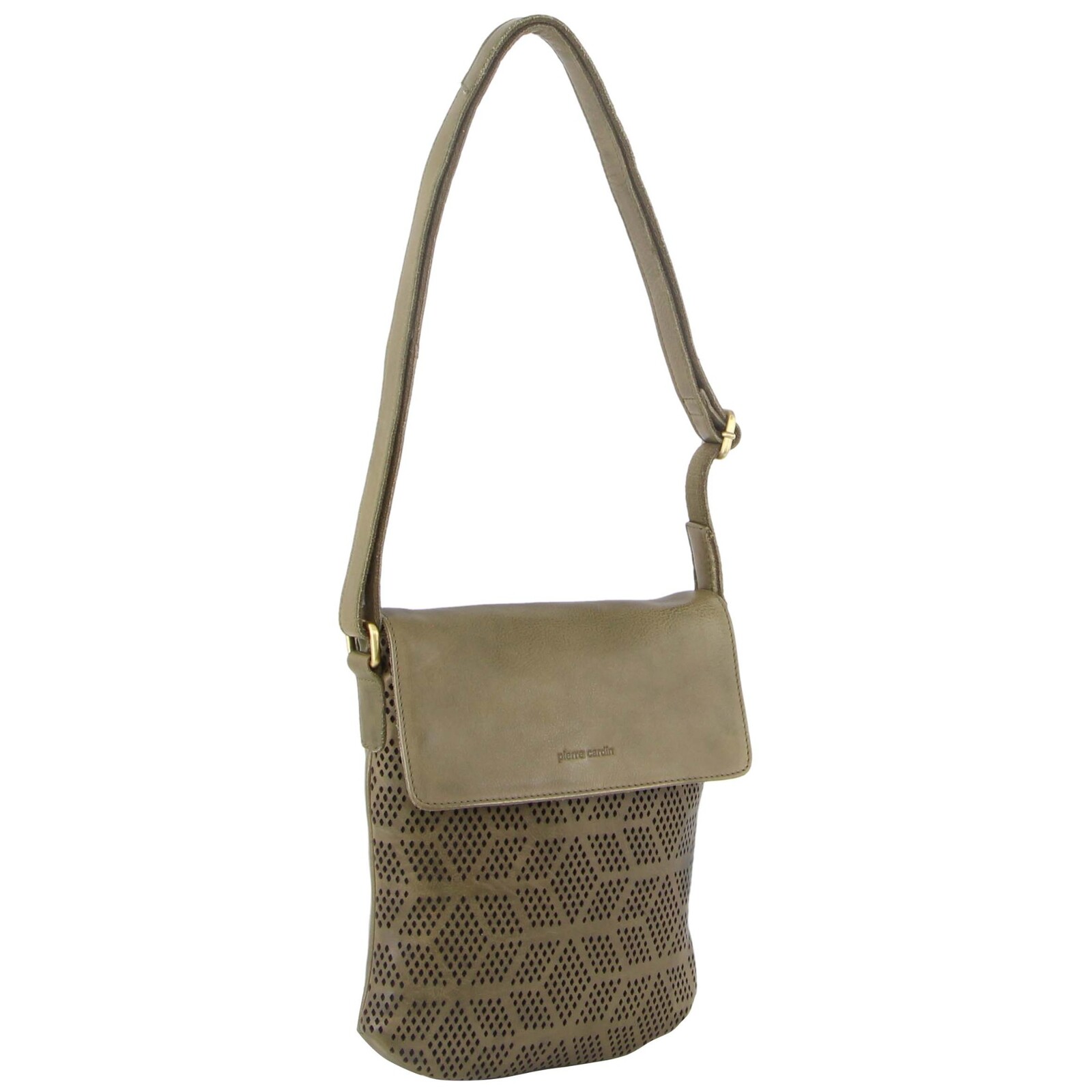 V563-PC-3340-OLIVE-174222-00 Pierre Cardin Leather Perforated Cross-Body Bag with Flap Closure - Olive - Image 1