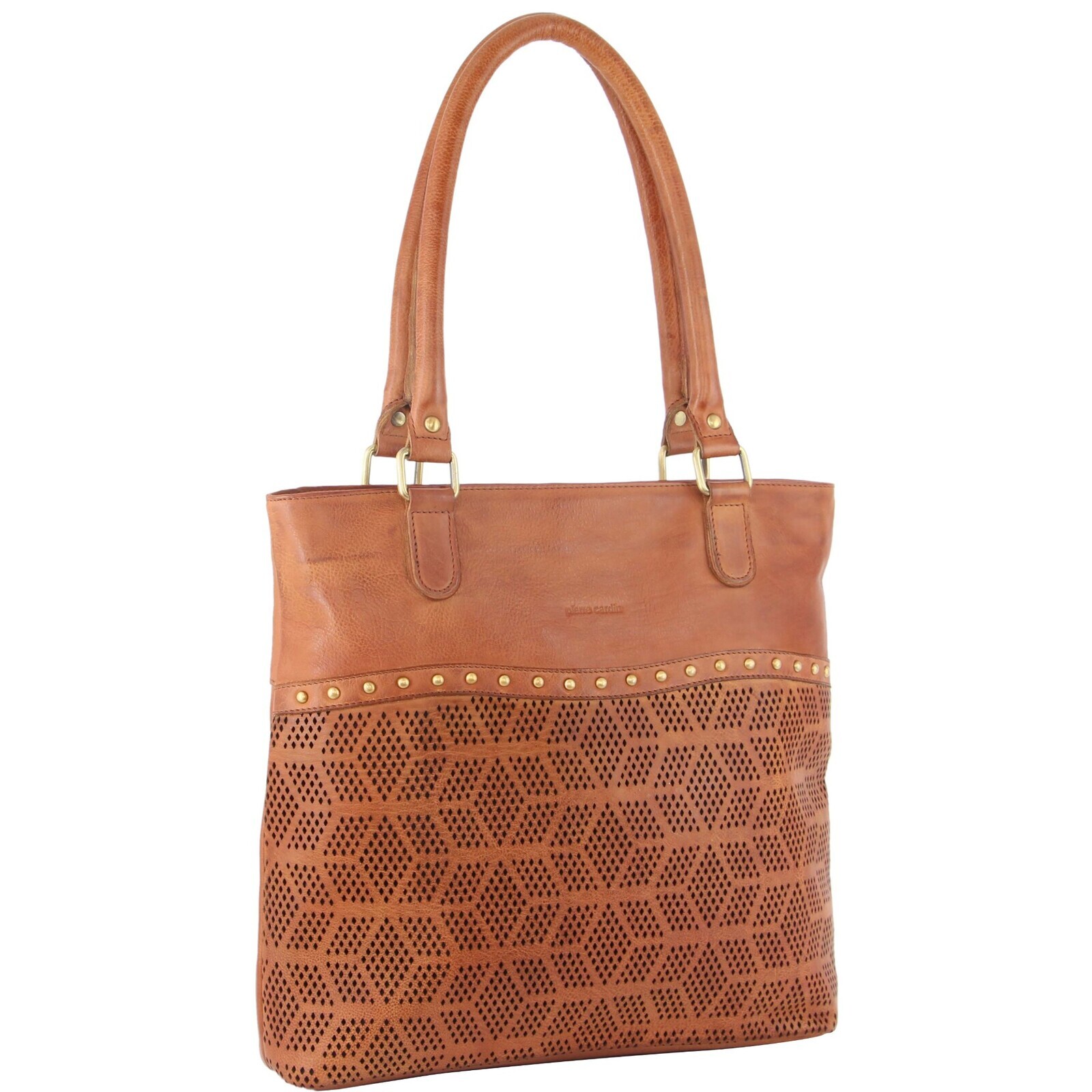 V563-PC-3346-COGN-174198-00 Pierre Cardin Womens Leather Perforated Shoulder Bag with stud Detailing - Cognac - Image 1