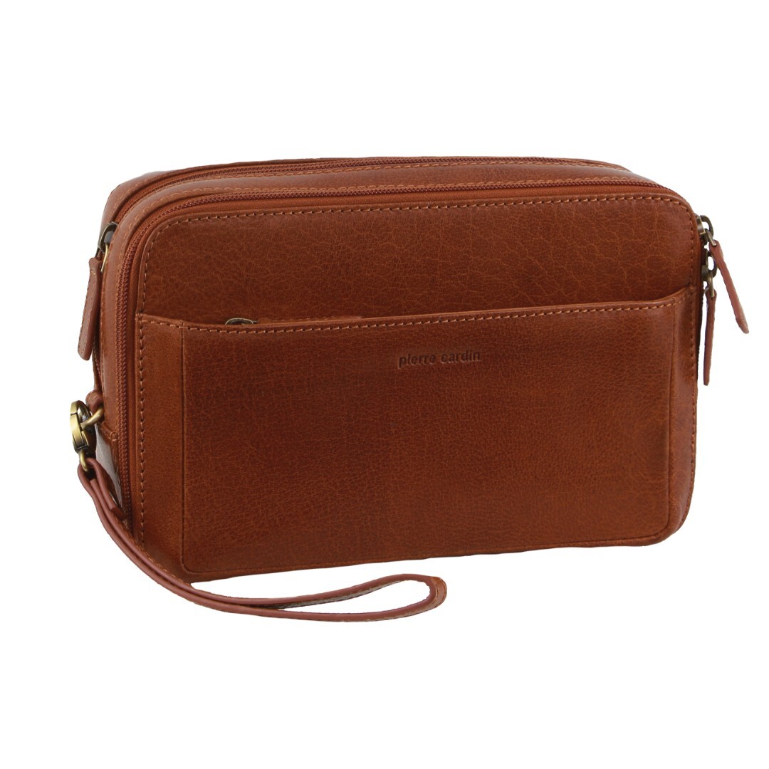V563-PC3619-TAN-173960-00 Pierre Cardin Mens Leather Toiletry Bag Travel Organizer Wash Case - Tan - Image 1