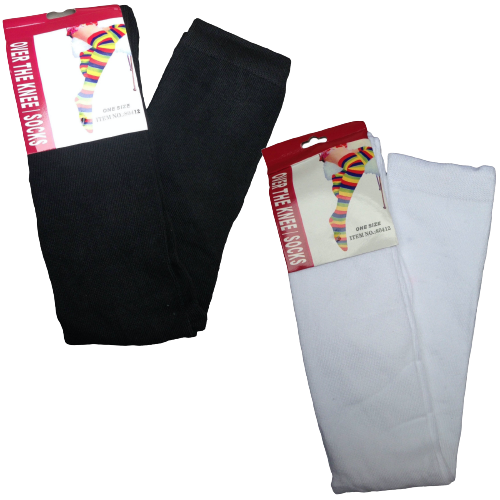 V563-PLNBLKWHTSOCKS-184589-00 2 Pairs Ladies Over The Knee Socks Plain Black + White High Thigh Long Stockings - Image 1
