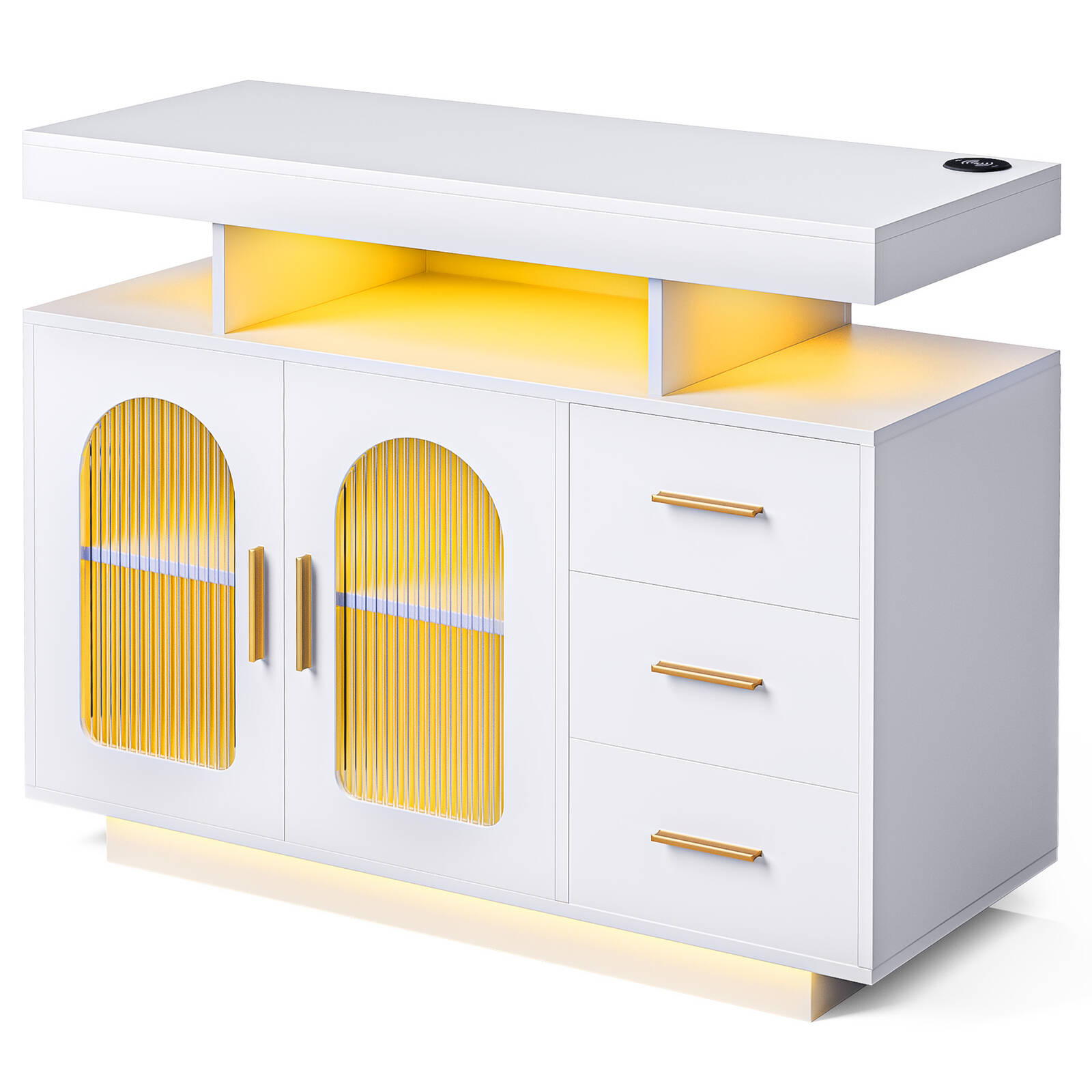 V563-QH-9217-25-202506241236-00 Buffet Sideboard Cabinet With RGB LED Light and Charging Station Console Coffee Bar White - Image 1
