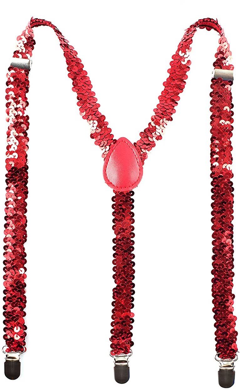 V563-SQNSUSPENDERS-RED-185124-00 SEQUIN SUSPENDERS Unisex Adjustable Braces Clip On Elastic Y-Back - Red - Image 1