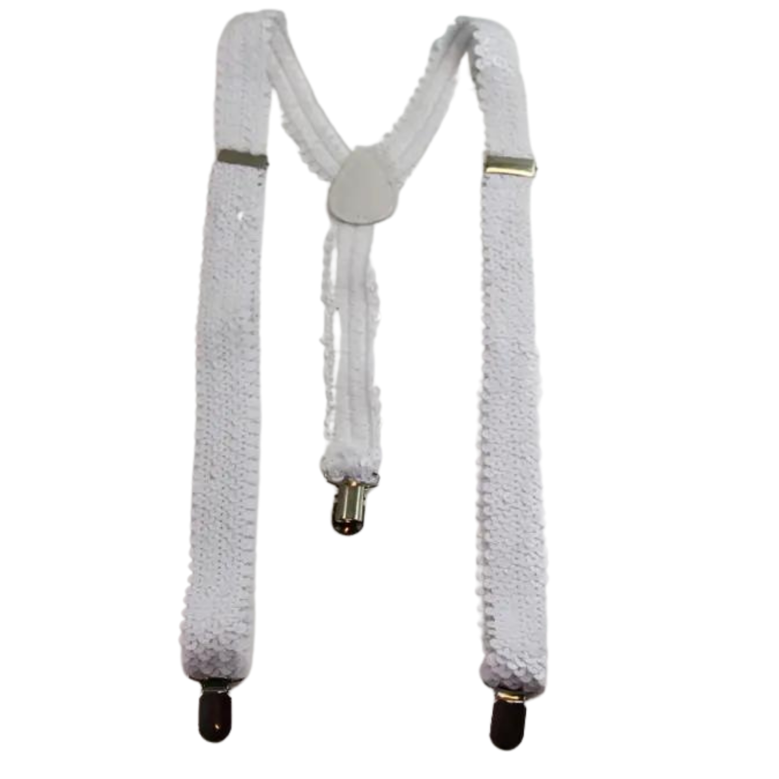 V563-SQNSUSPENDERS-WHT-185133-00 SEQUIN SUSPENDERS Unisex Adjustable Braces Clip On Elastic Y-Back - White - Image 1