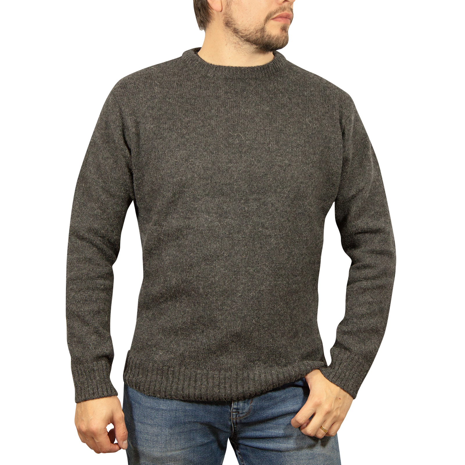 V563-SW-CN-CHRCL29-3XL-202505121300-00 Mens 100% Shetland Ragg Wool Round Neck Knit Jumper Pullover Crew Sweater - Charcoal (29) - 3XL - Image 1