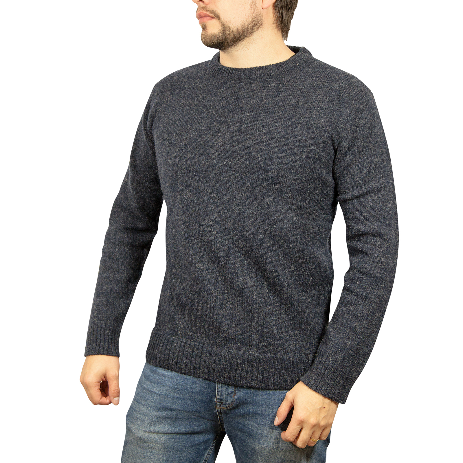 V563-SW-CN-DNM45-XL-202505121519-00 100% SHETLAND RAGG WOOL CREW Round Neck Knit JUMPER Pullover Mens Sweater Knitted - Navy - XL - Image 1