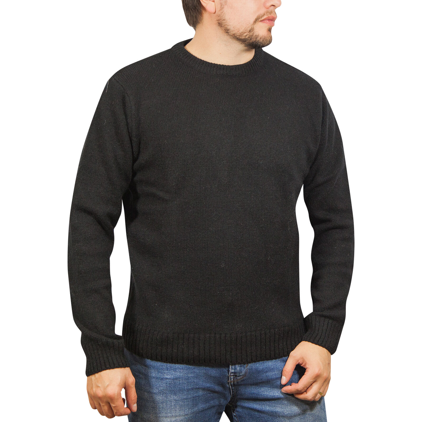 V563-SW-CN-FBK-99B-3XL-202505121518-00 100% SHETLAND RAGG WOOL CREW Round Neck Knit JUMPER Pullover Mens Sweater Knitted - Plain Black - 3XL - Image 1