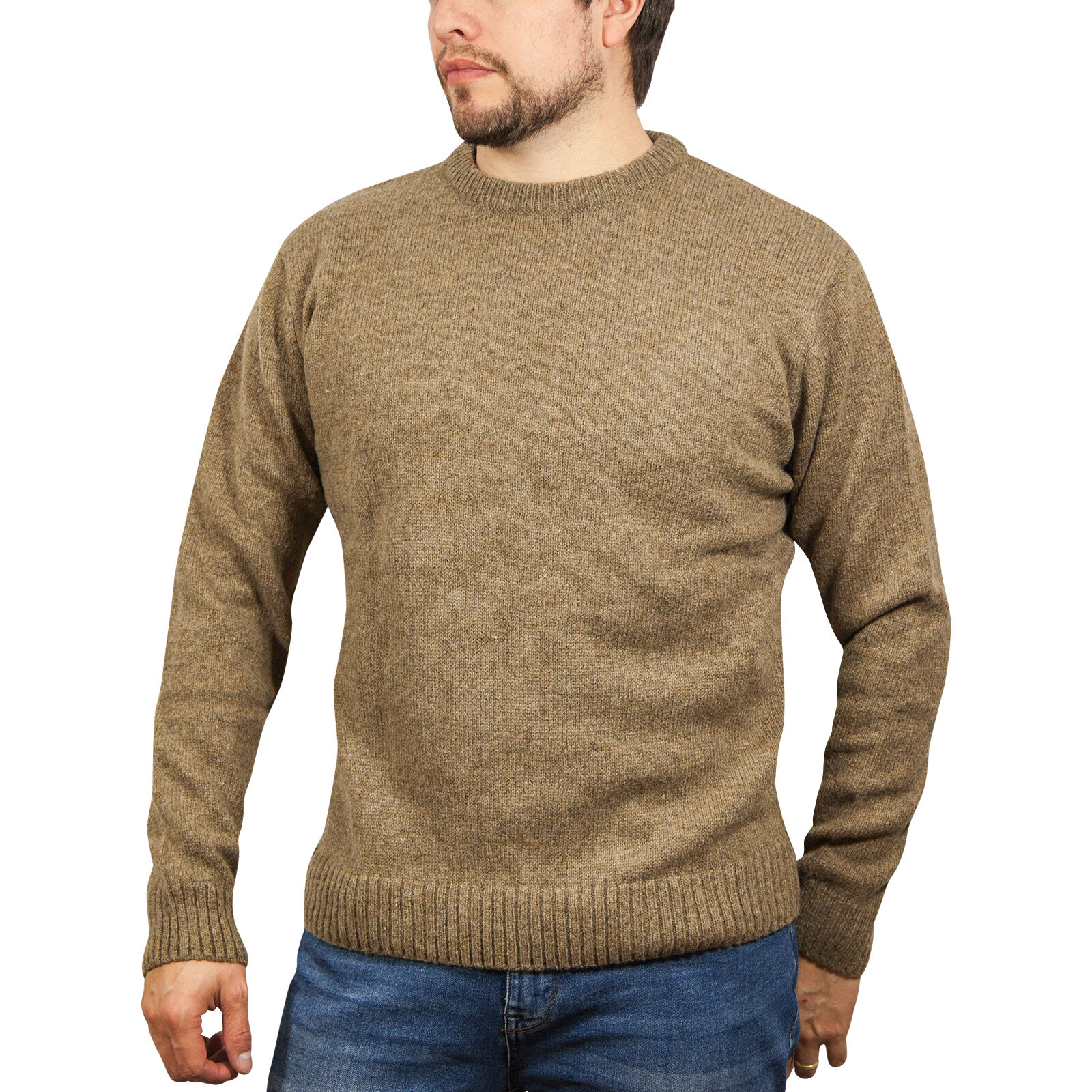 V563-SW-CN-NUTMEG23-XXL-202505121509-00 100% SHETLAND RAGG WOOL CREW Round Neck Knit JUMPER Pullover Mens Sweater Knitted - Nutmeg - XXL - Image 1