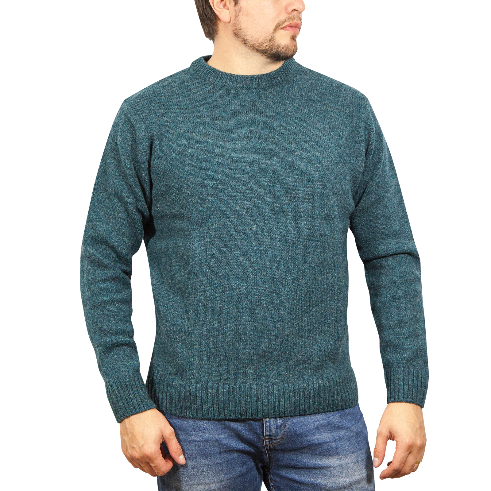 V563-SW-CN-SHD-32-S-202505191824-00 100% SHETLAND RAGG WOOL CREW Round Neck Knit JUMPER Pullover Mens Sweater Knitted - Sherwood - S - Image 1