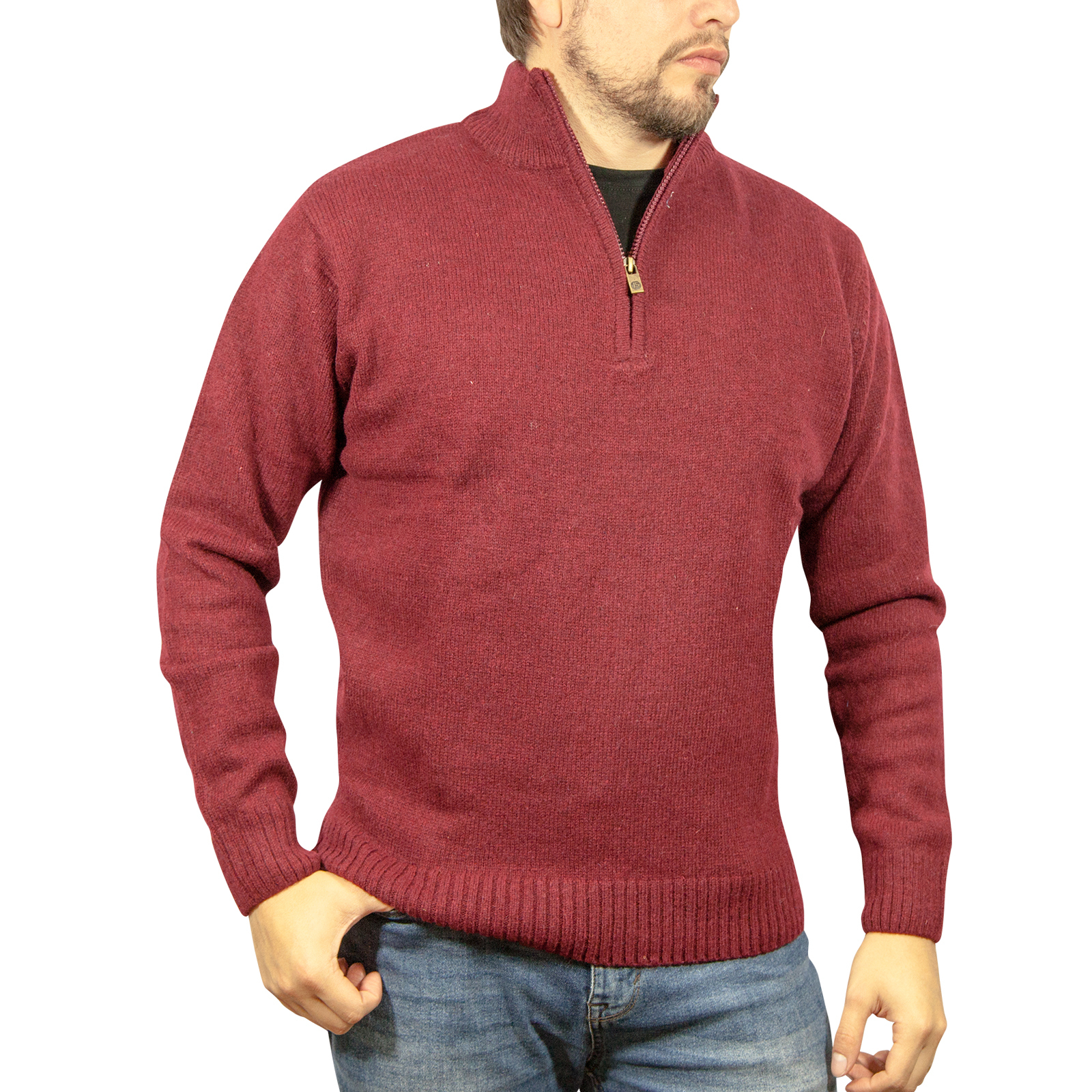 V563-SW-HZ-BRGNDY97-XL-202507251235-00 100% SHETLAND RAGG WOOL Half Zip Up Knit JUMPER Pullover Mens Sweater Knitted - Burgundy - XL - Image 1