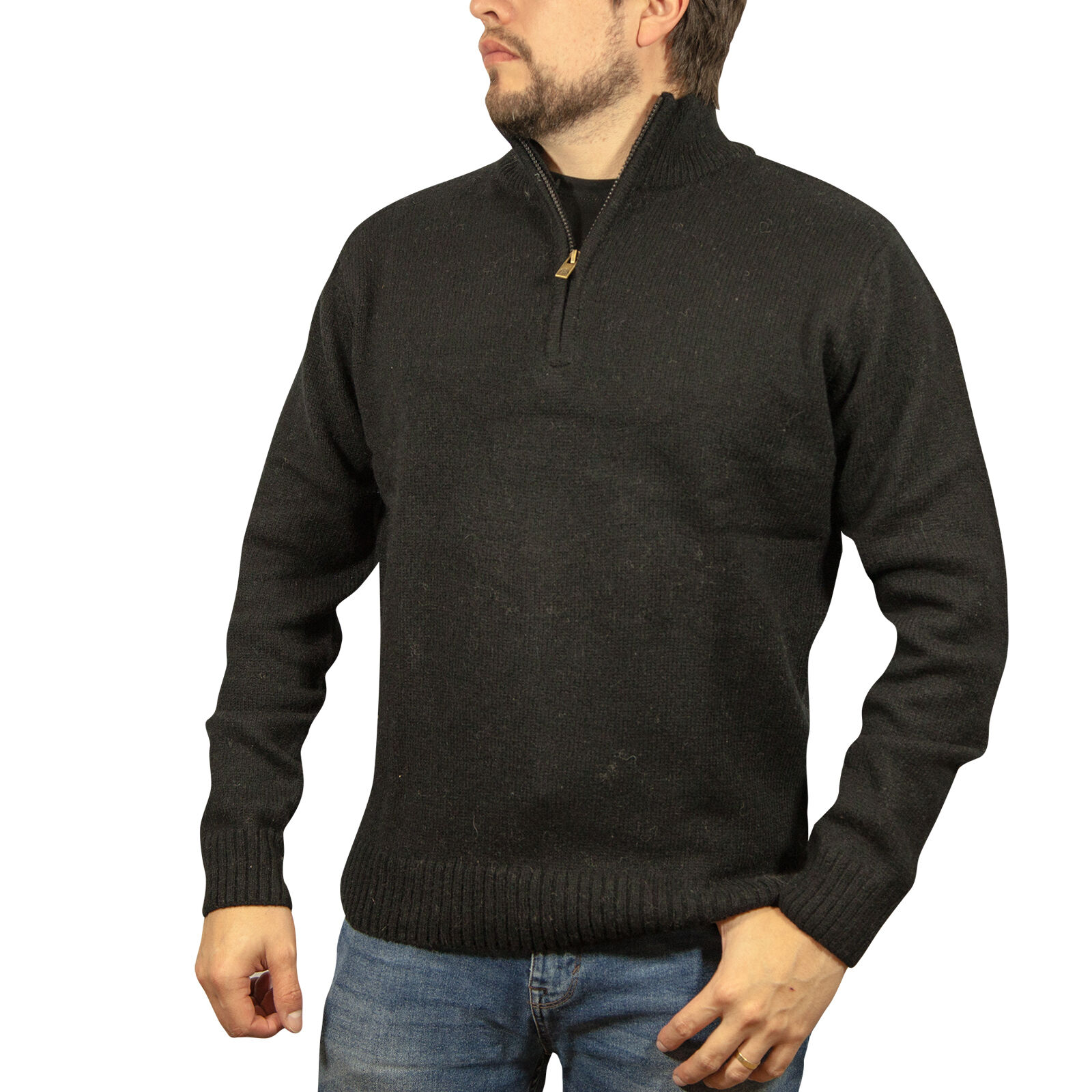 V563-SW-HZ-FBK99B-3XL-202507251105-00 100% SHETLAND RAGG WOOL Half Zip Up Knit JUMPER Pullover Mens Sweater Knitted - Plain Black - 3XL - Image 1