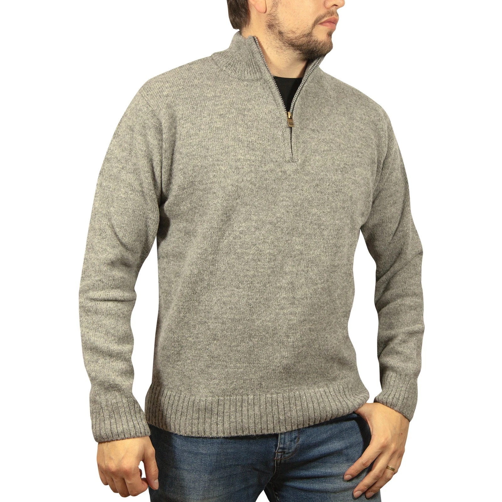 V563-SW-HZ-GRY21-M-202507251130-00 100% SHETLAND RAGG WOOL Half Zip Up Knit JUMPER Pullover Mens Sweater Knitted - Grey - M - Image 1