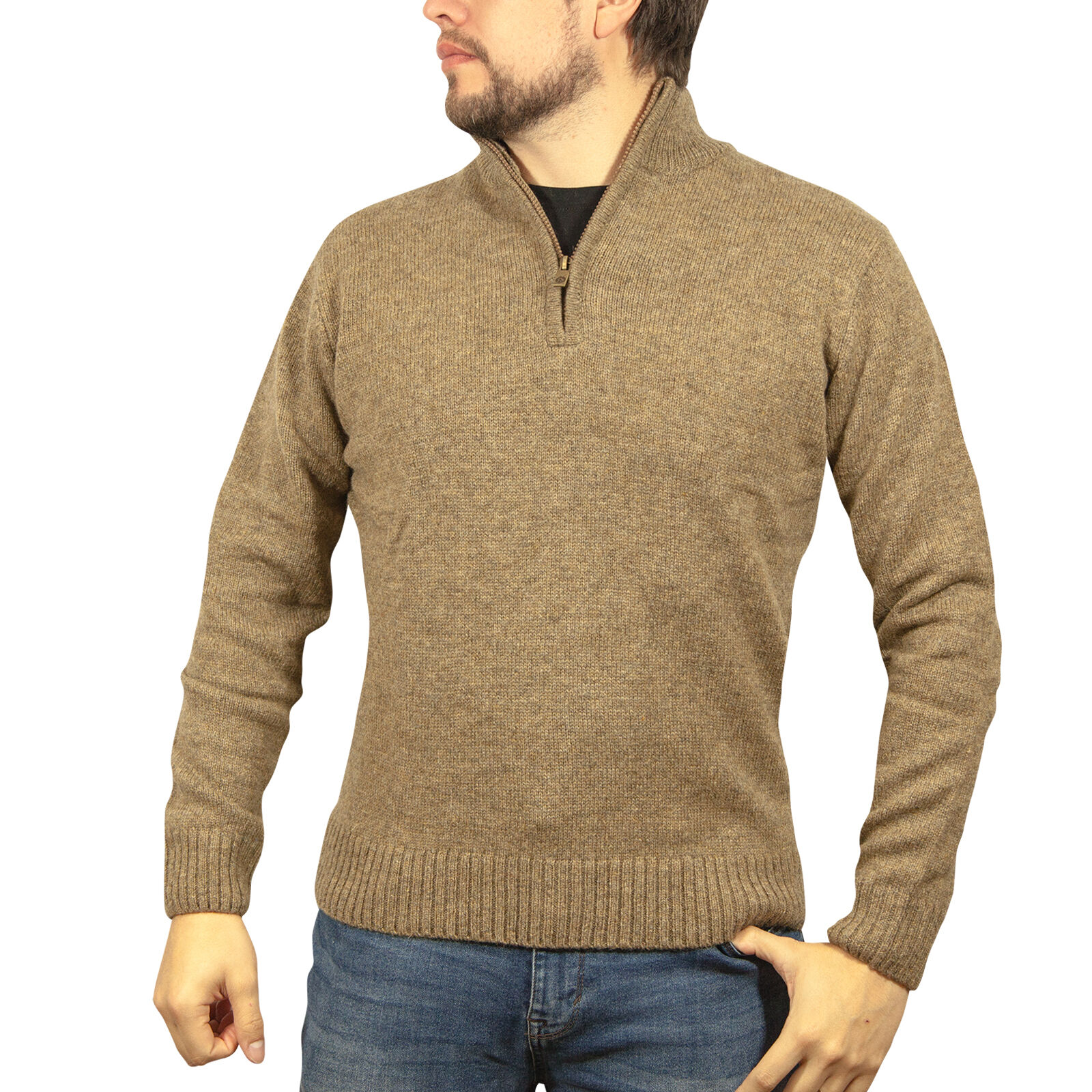 V563-SW-HZ-NUTMEG23-3XL-202507251100-00 100% SHETLAND RAGG WOOL Half Zip Up Knit JUMPER Pullover Mens Sweater Knitted - Nutmeg - 3XL - Image 1