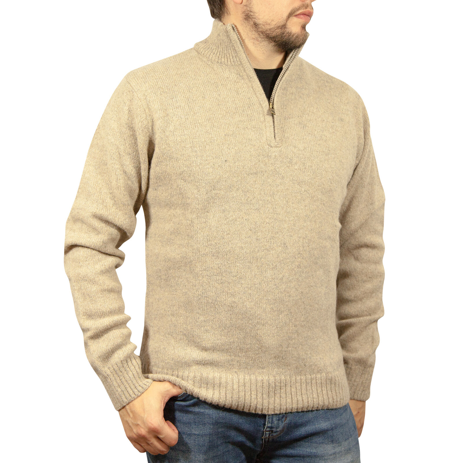 V563-SW-HZ-OATMARLE03-4XL-202507251055-00 100% SHETLAND RAGG WOOL Half Zip Up Knit JUMPER Pullover Mens Sweater Knitted - Oat Marle - 4XL - Image 1
