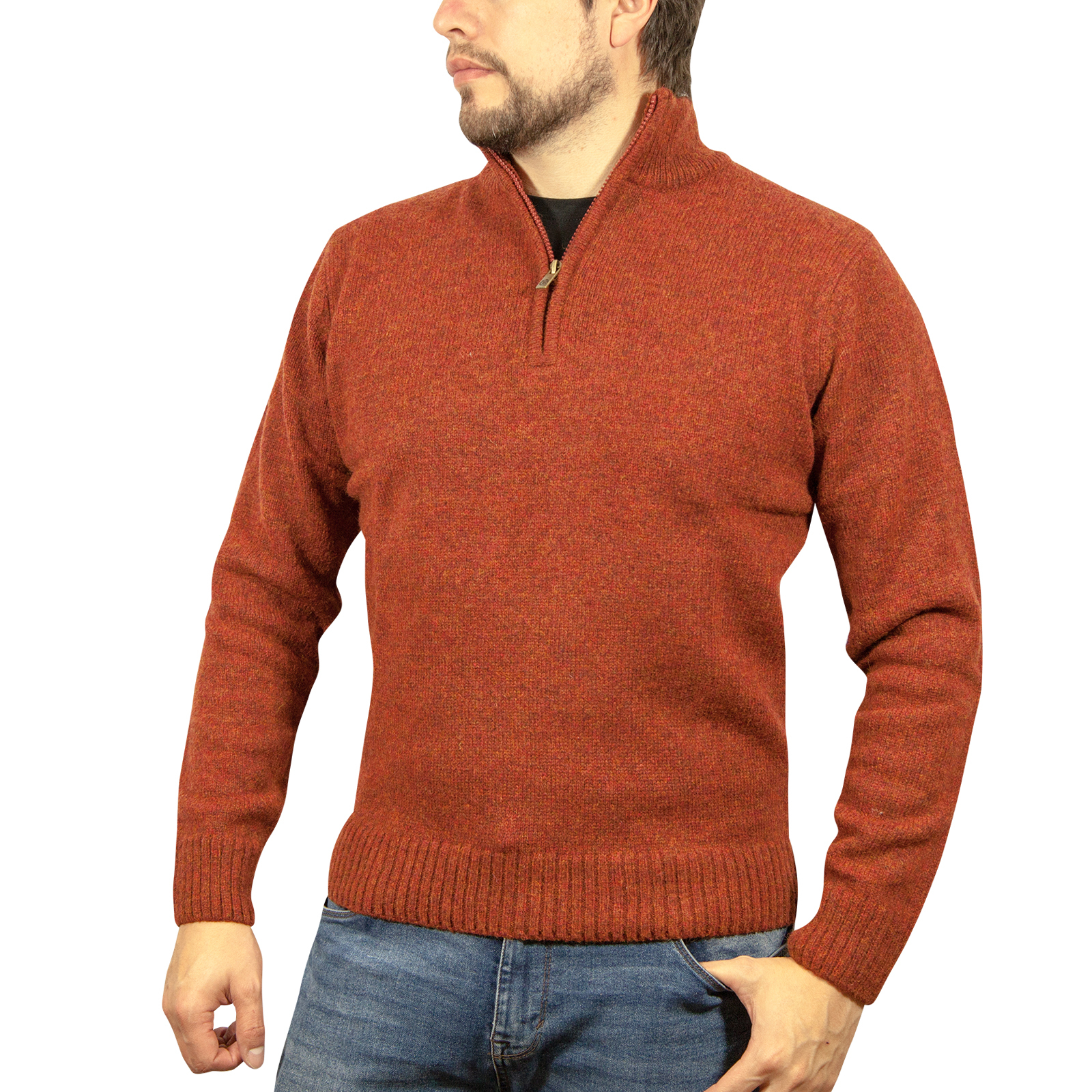 V563-SW-HZ-RUST54-5XL-149371-00 100% SHETLAND RAGG WOOL Zip Up Knit JUMPER Pullover Mens Sweater Knitted - Rust 5XL - Image 1