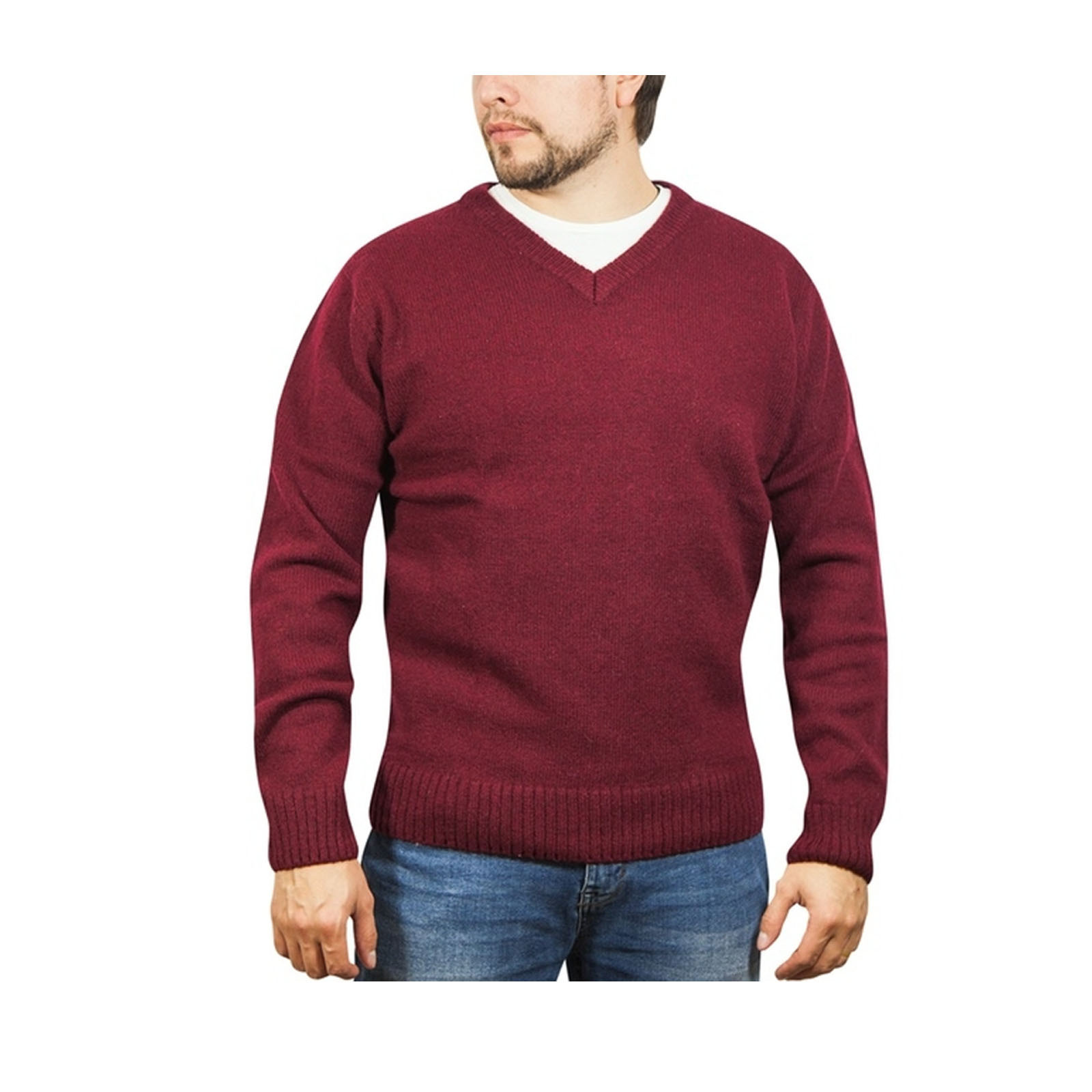 V563-SW-VN-BURG97-S-202507251205-00 100% Shetland Ragg Wool V Neck Knit Jumper Pullover Mens Sweater Knitted - Burgundy - S - Image 1