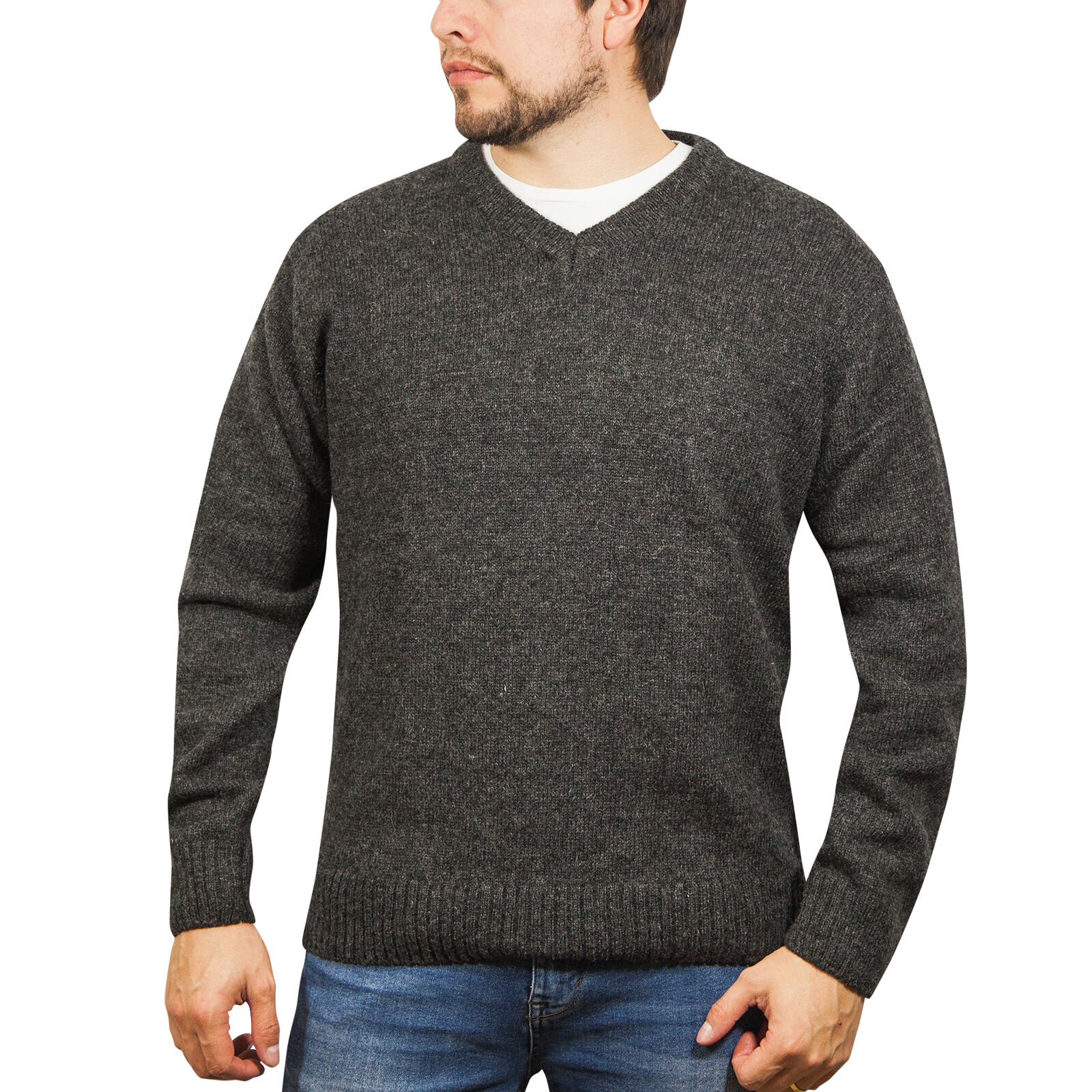 V563-SW-VN-CHRCOL29-M-202507251215-00 100% Shetland Ragg Wool V Neck Knit Jumper Pullover Mens Sweater Knitted - Charcoal - M - Image 1
