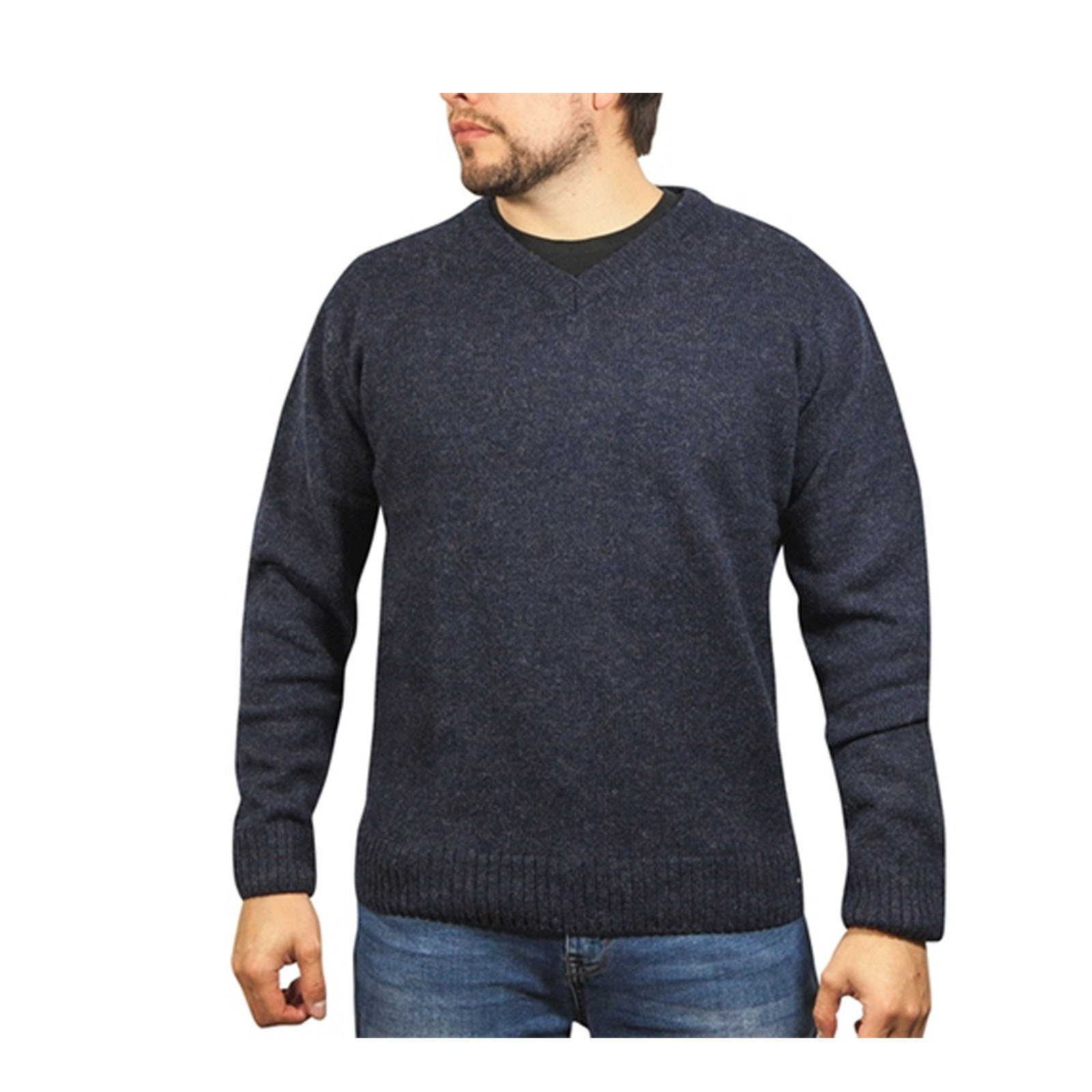 V563-SW-VN-NAVY45-M-202507251220-00 100% Shetland Ragg Wool V Neck Knit Jumper Pullover Mens Sweater Knitted - Navy - M - Image 1