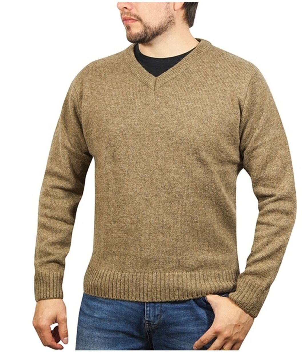 V563-SW-VN-NUTMEG23-6XL-202507251230-00 100% Shetland Ragg Wool V Neck Knit Jumper Pullover Mens Sweater Knitted - Nutmeg - 6XL - Image 1