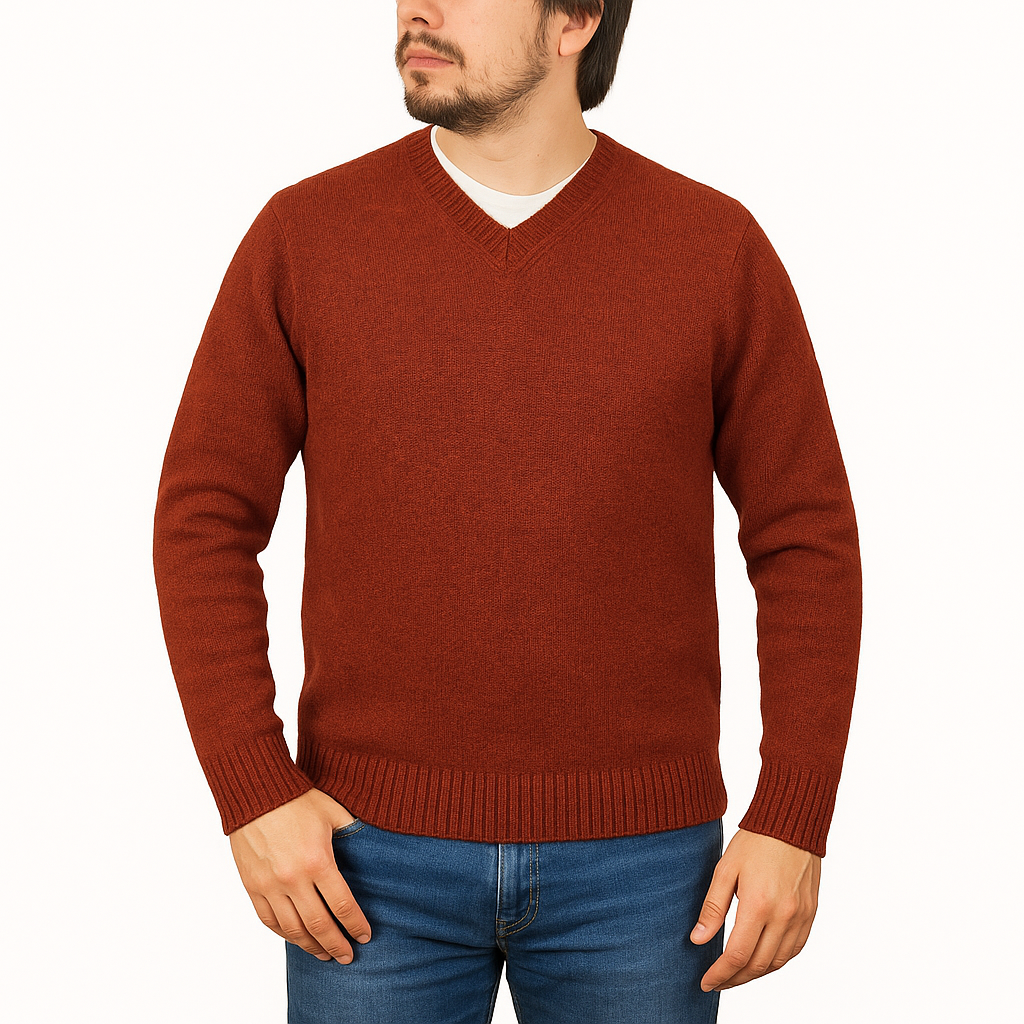 V563-SW-VN-RUST54-M-202506201231-00 100% Shetland Ragg Wool V Neck Knit Jumper Pullover Mens Sweater Knitted - Rust Size M - Image 1