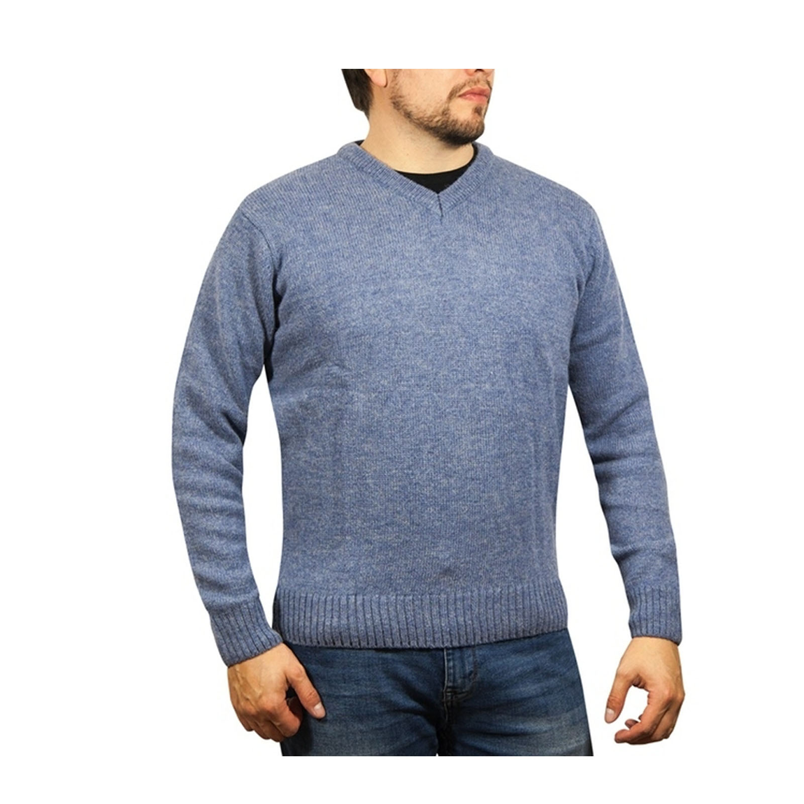 V563-SW-VN-SKY40-L-149748-00 100% Shetland Ragg Wool V Neck Knit Jumper Pullover Mens Sweater Knitted - Sky - L - Image 1
