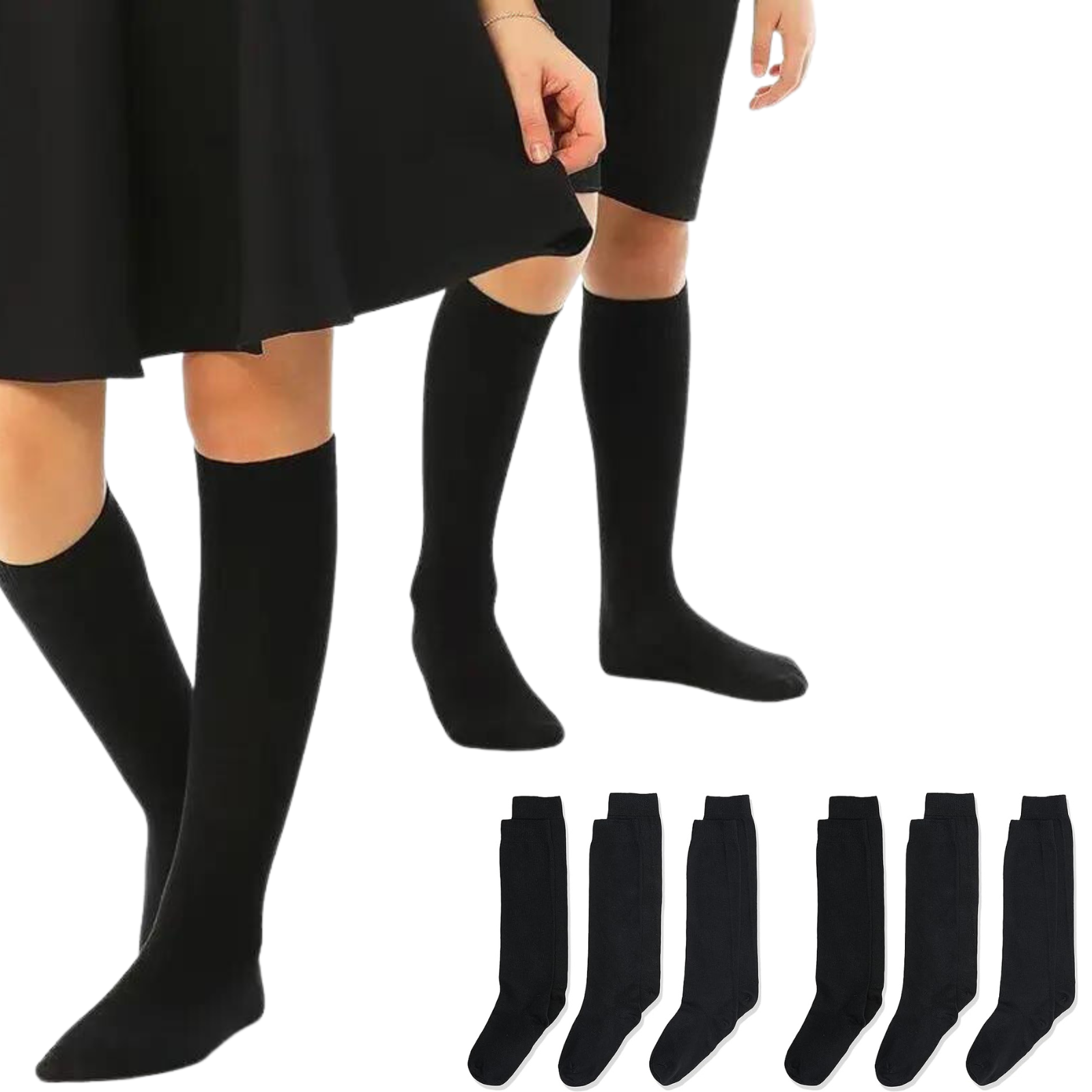 V563-TAG4SCHOOL_6PCS-BLACK-9-1-202503051756-00 6x Pairs School Uniform Knee High Socks Cotton Rich Girls Boys Kids Bulk - Black - 9-12 (5-8 Years Old) - Image 1